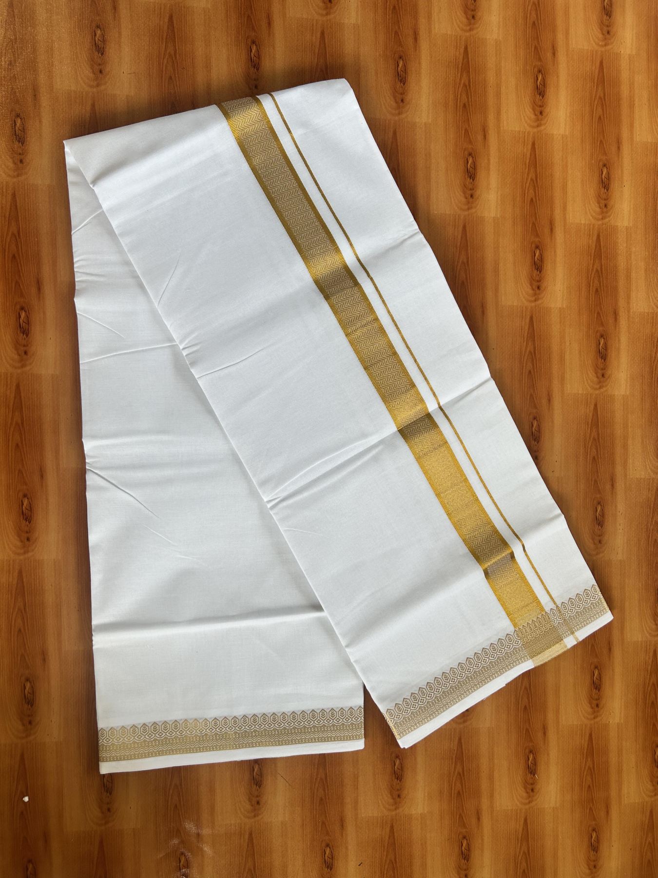 Double Pure White Mundu/Dhoti - 20% Discount!! Kaitharikada Balaramapuram Pure Cotton - 60s - 1.5 inch Gold Kasav Jacquard Design Kara 4 mtr (8.5 Muzham) - 3 KK5406 GAN