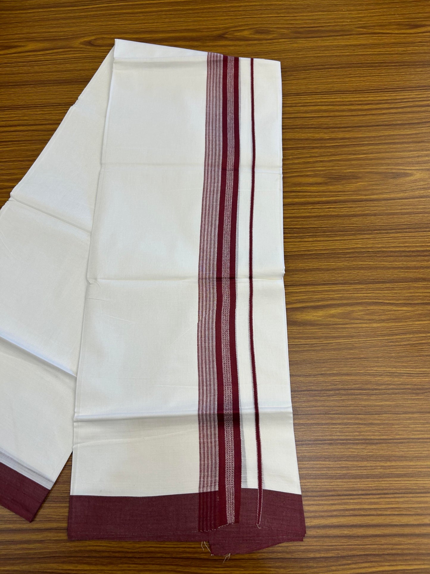 20% Discount ! Kaitharikada Balaramapuram 100% Cotton Pure White Double Mundu/Dothi - 100x80 - 2 inch Maroon Shaded Stripes Kara 3.90 m (8 muzham) - 27 KK5364 MC