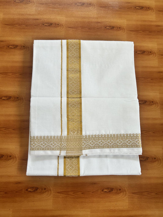 Double Pure White Mundu/Dhoti - 20% Discount!! Kaitharikada Balaramapuram Pure Cotton - 60s - 1.5 inch Gold Kasav Jacquard Design Kara 4 mtr (8.5 Muzham) - 4 KK5406 GAN