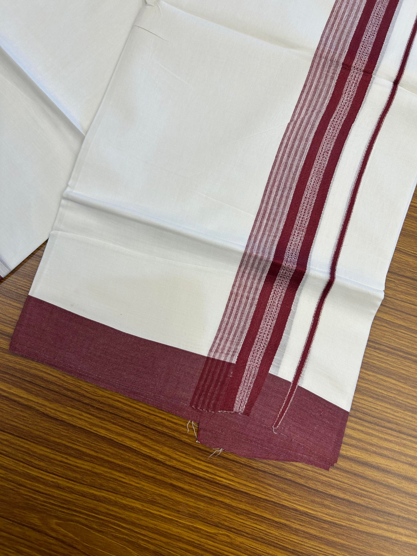 20% Discount ! Kaitharikada Balaramapuram 100% Cotton Pure White Double Mundu/Dothi - 100x80 - 2 inch Maroon Shaded Stripes Kara 3.90 m (8 muzham) - 27 KK5364 MC