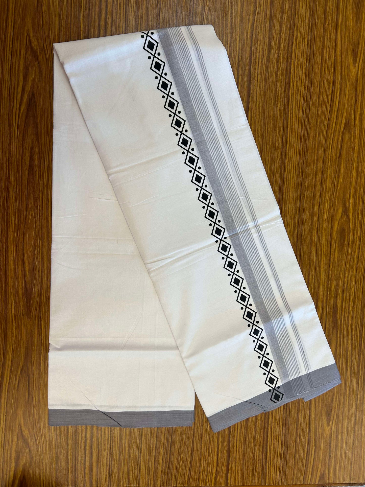 20% Discount ! KaithariKada Balaramapuram Cotton Double Pure white Mundu/Dhoti- 60s - 2.5 inch Grey & Black Printed Shaded Stripes Design Kara - 3.65 mtr (8 muzham) - 20 KK5309 GAN