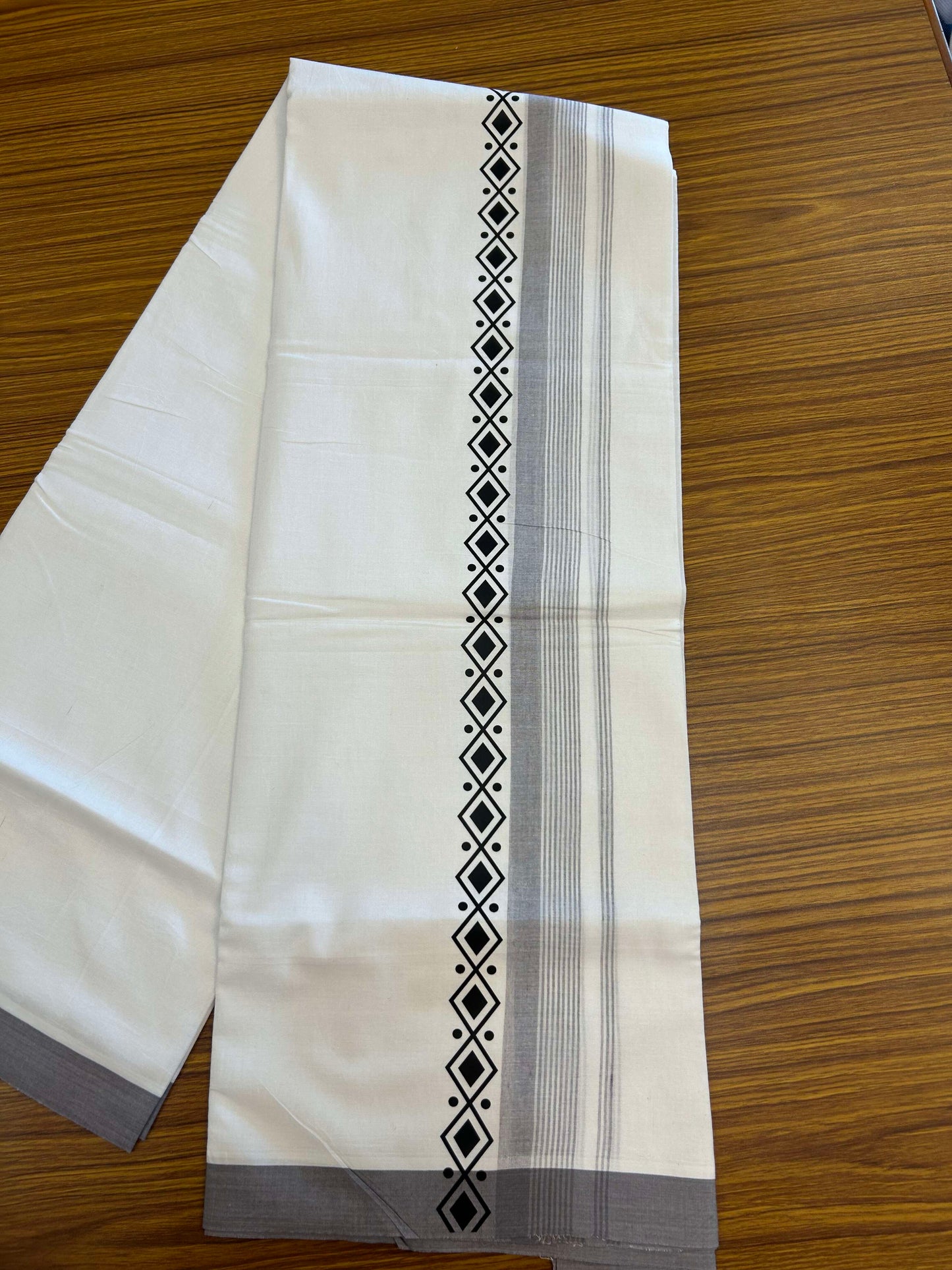 20% Discount ! KaithariKada Balaramapuram Cotton Double Pure white Mundu/Dhoti- 60s - 2.5 inch Grey & Black Printed Shaded Stripes Design Kara - 3.65 mtr (8 muzham) - 20 KK5309 GAN