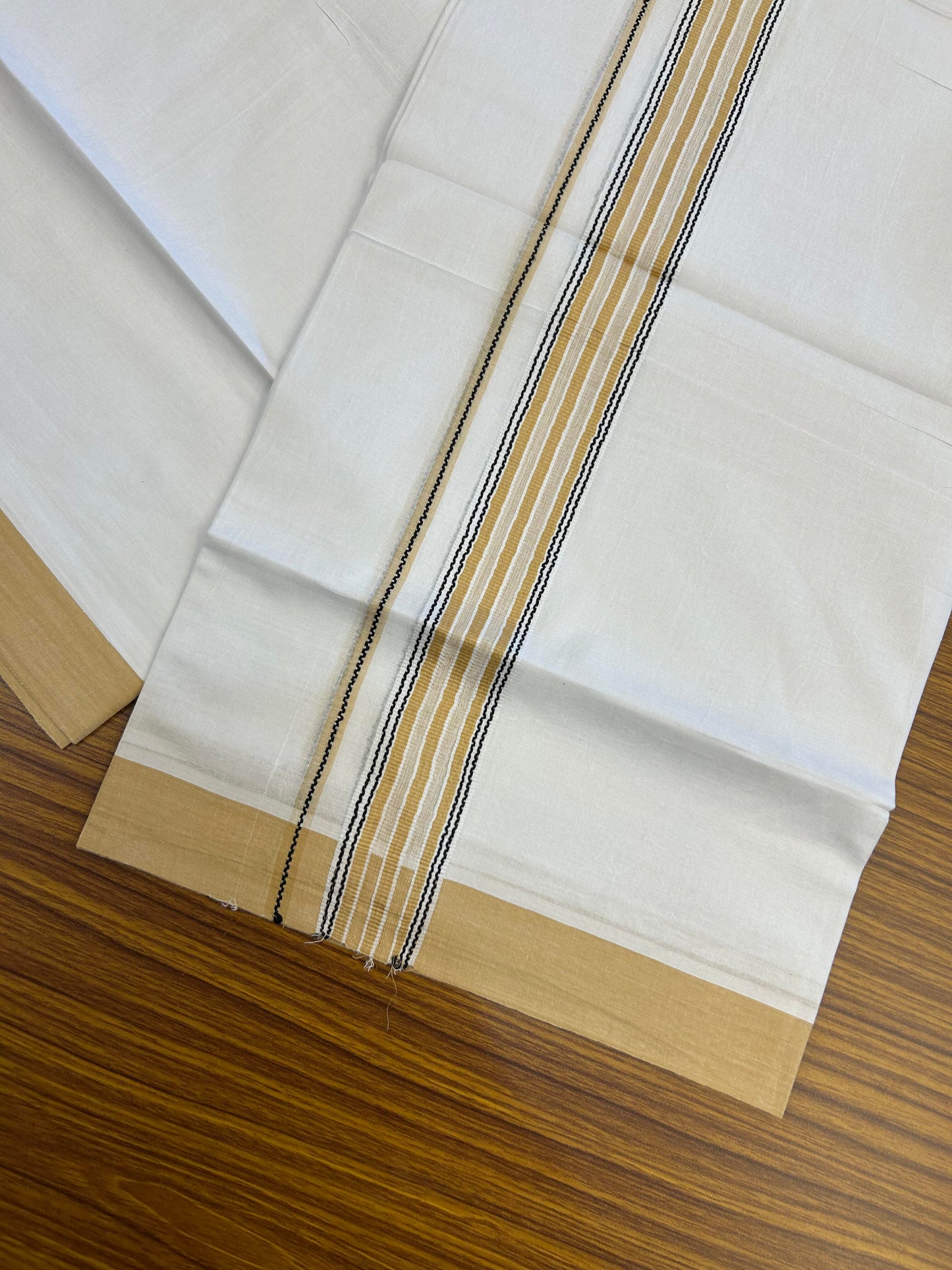 20% Discount ! Kaitharikada Balaramapuram 100% Cotton Pure White Double Mundu/Dothi - 100x80 - 1.25 inch Black & Sand Brown Shaded Stripes Kara 3.90 m (8 muzham) - 77 KK5364 MC