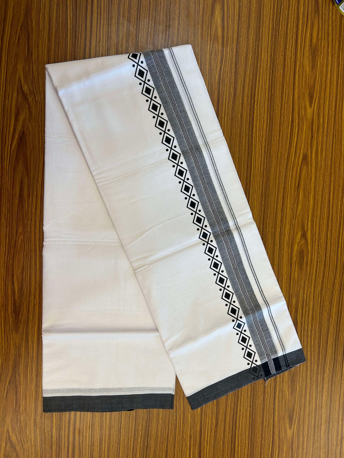 20% Discount ! KaithariKada Balaramapuram Cotton Double Pure white Mundu/Dhoti- 60s - 2.5 inch Black Printed Shaded Stripes Design Kara - 3.65 mtr (8 muzham) - 21 KK5309 GAN