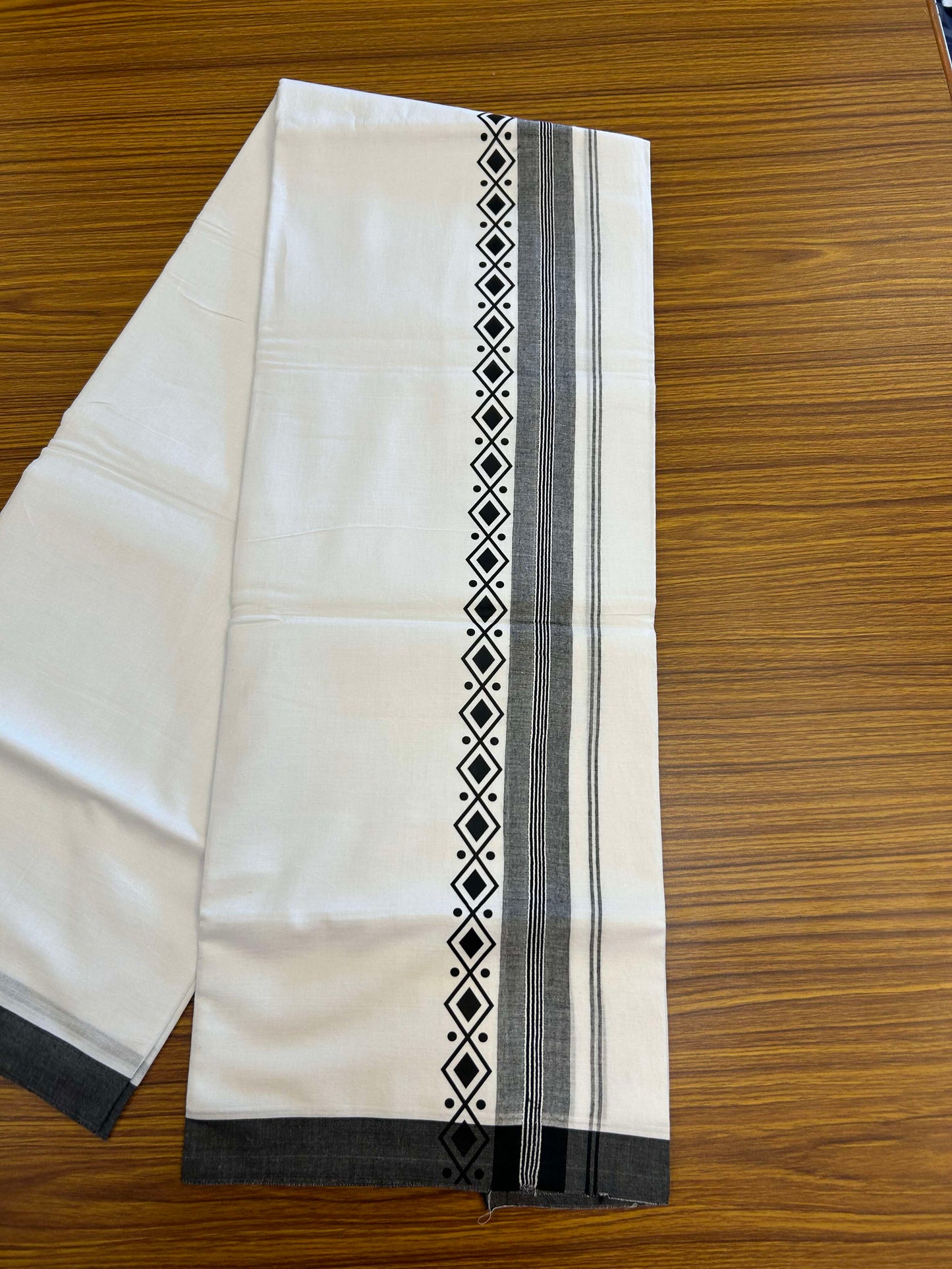 20% Discount ! KaithariKada Balaramapuram Cotton Double Pure white Mundu/Dhoti- 60s - 2.5 inch Black Printed Shaded Stripes Design Kara - 3.65 mtr (8 muzham) - 21 KK5309 GAN