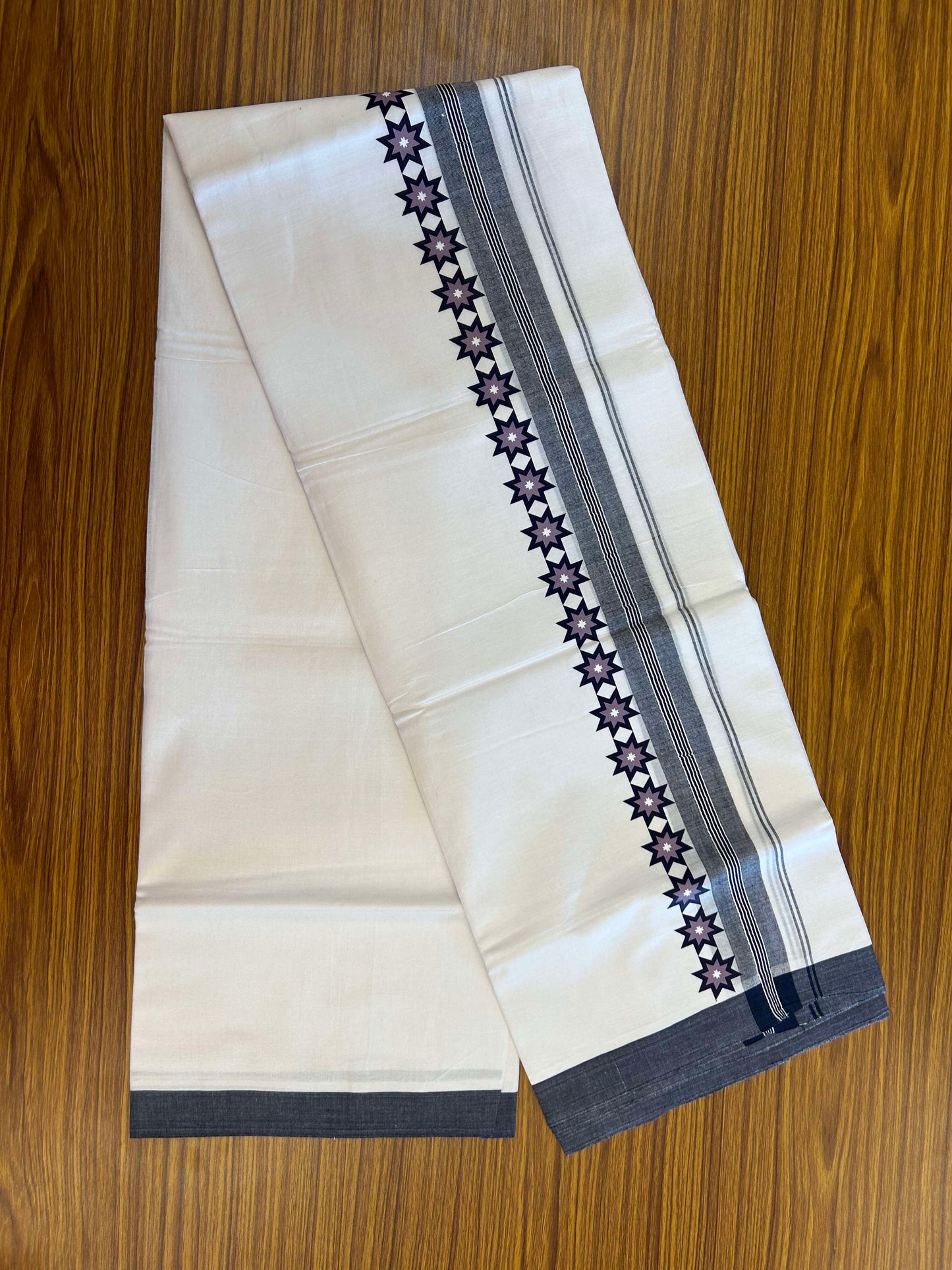20% Discount ! KaithariKada Balaramapuram Cotton Double Pure white Mundu/Dhoti- 60s - 2.75 inch Blue & Ash Lavender Printed Shaded Stripes Design Kara - 3.65 mtr (8 muzham) - 22 KK5309 GAN