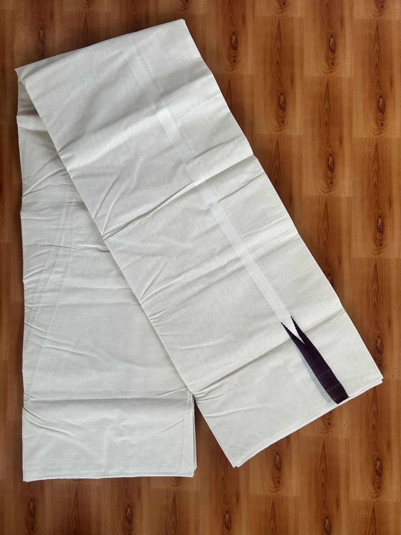 Double Off white Mundu/Dhoti - 24% Discount! KaithariKada Balaramapuram 100% Cotton - 100x100 - 0.5 inch Puliyilakkara Dark Wine Chutty Kara - 4 mtr (8.5 muzham) - 4 KK5401 ASH
