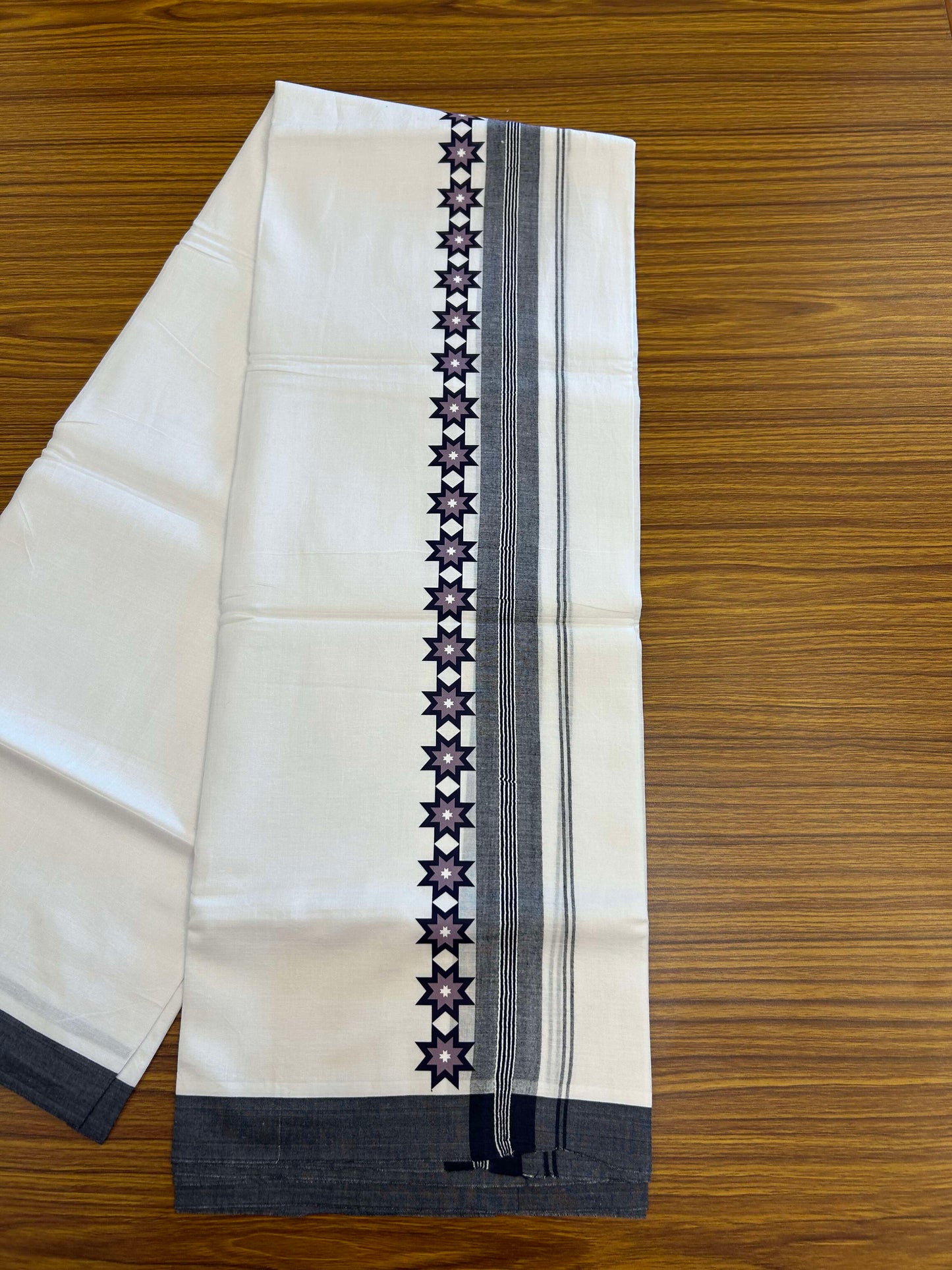 20% Discount ! KaithariKada Balaramapuram Cotton Double Pure white Mundu/Dhoti- 60s - 2.75 inch Blue & Ash Lavender Printed Shaded Stripes Design Kara - 3.65 mtr (8 muzham) - 22 KK5309 GAN