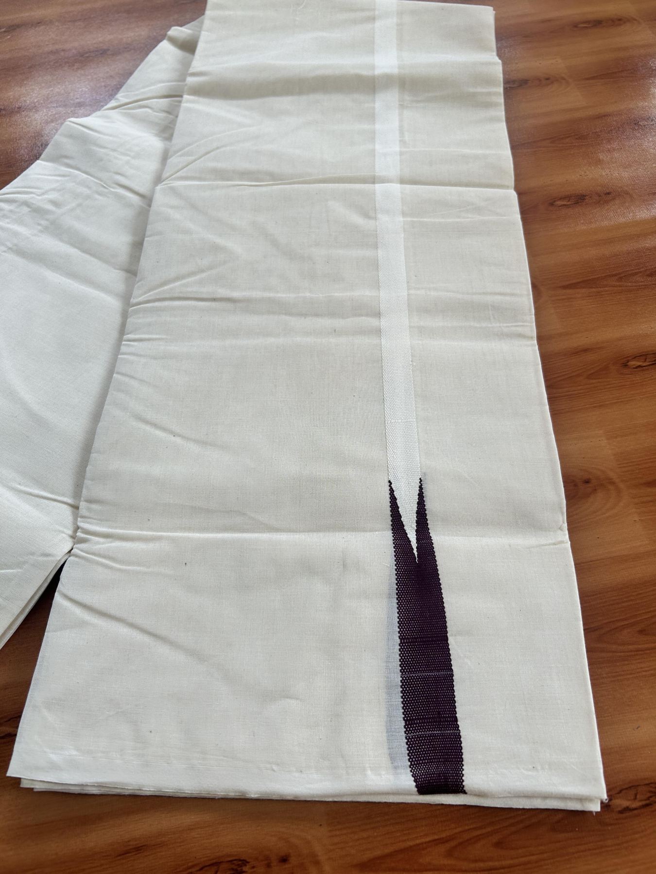 Double Off white Mundu/Dhoti - 24% Discount! KaithariKada Balaramapuram 100% Cotton - 100x100 - 0.5 inch Puliyilakkara Dark Wine Chutty Kara - 4 mtr (8.5 muzham) - 4 KK5401 ASH