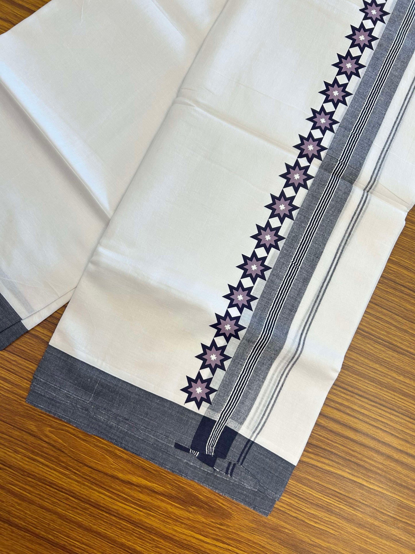 20% Discount ! KaithariKada Balaramapuram Cotton Double Pure white Mundu/Dhoti- 60s - 2.75 inch Blue & Ash Lavender Printed Shaded Stripes Design Kara - 3.65 mtr (8 muzham) - 22 KK5309 GAN
