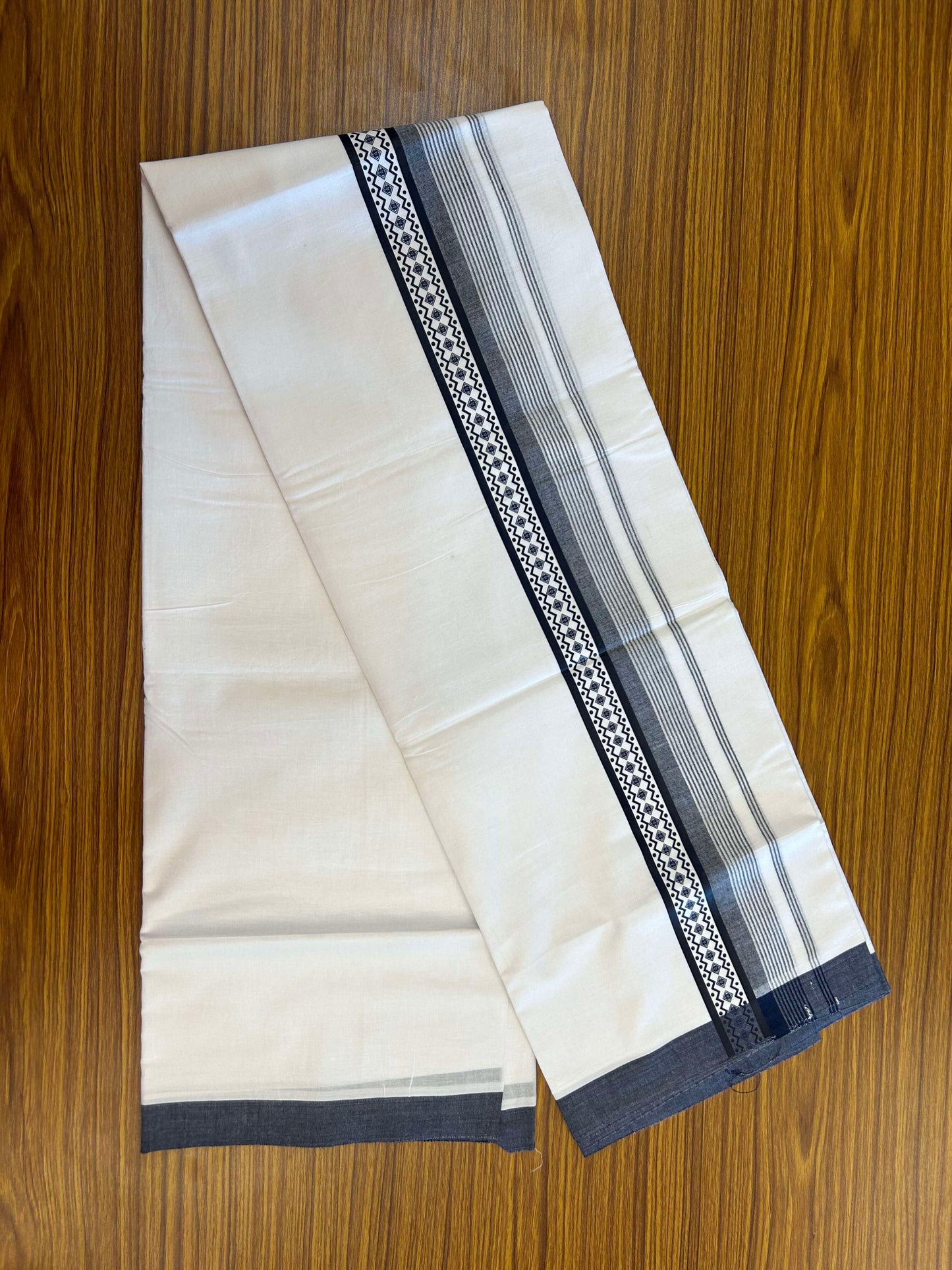 20% Discount ! KaithariKada Balaramapuram Cotton Double Pure white Mundu/Dhoti- 60s - 2.5 inch Navy Blue Printed Shaded Stripes Design Kara - 3.65 mtr (8 muzham) - 23 KK5309 GAN