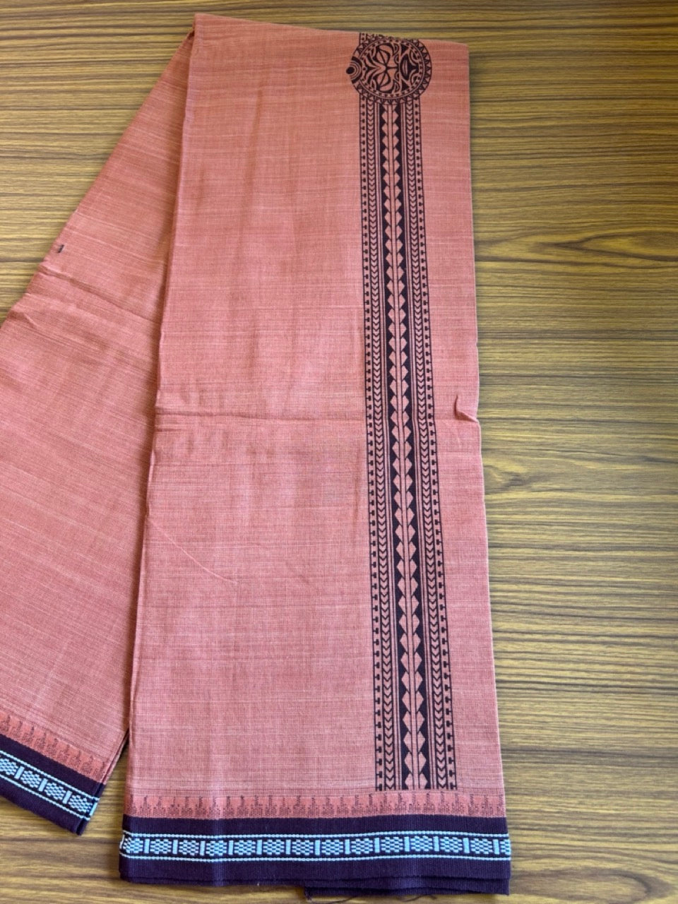 Kaitharikada Pure Cotton - Single Kaily / Lungi - 2 inch Dark Maroon printed kuppadam kara with Kavi colour body - 3KK8000AS