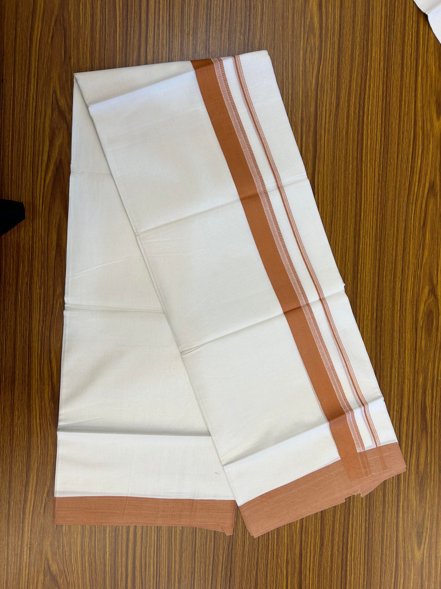 20% Discount ! Kaitharikada Balaramapuram 100% Cotton Pure White Double Mundu/Dothi - 100x80 - 1.5 inch Orange Brown Shaded Stripes Kara 3.90 m (8 muzham) - 44 KK5364 MC