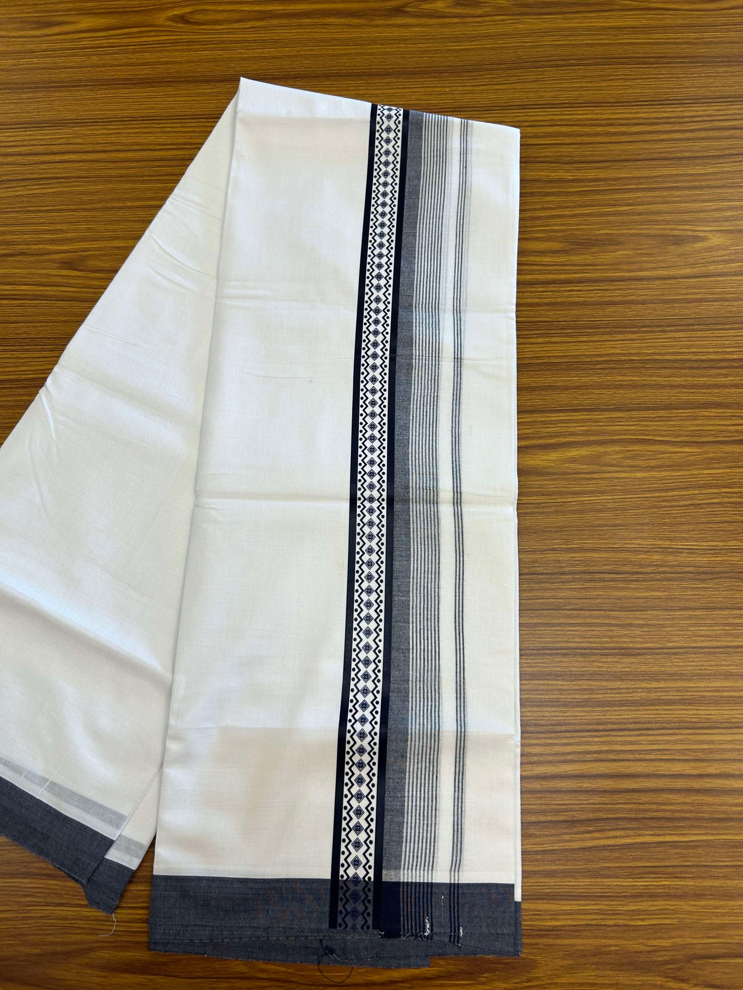 20% Discount ! KaithariKada Balaramapuram Cotton Double Pure white Mundu/Dhoti- 60s - 2.5 inch Navy Blue Printed Shaded Stripes Design Kara - 3.65 mtr (8 muzham) - 23 KK5309 GAN