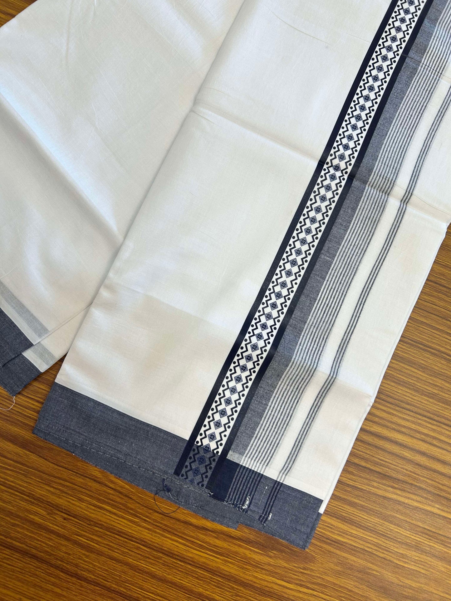 20% Discount ! KaithariKada Balaramapuram Cotton Double Pure white Mundu/Dhoti- 60s - 2.5 inch Navy Blue Printed Shaded Stripes Design Kara - 3.65 mtr (8 muzham) - 23 KK5309 GAN