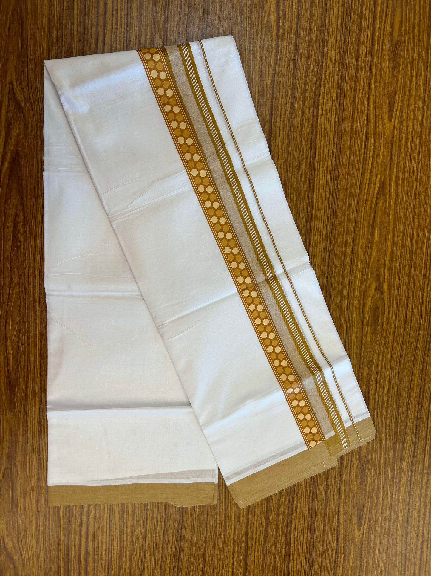 20% Discount ! KaithariKada Balaramapuram Cotton Double Pure white Mundu/Dhoti- 60s - 2.75 inch Mustard Yellow Printed Shaded Stripes Design Kara - 3.65 mtr (8 muzham) - 24 KK5309 GAN