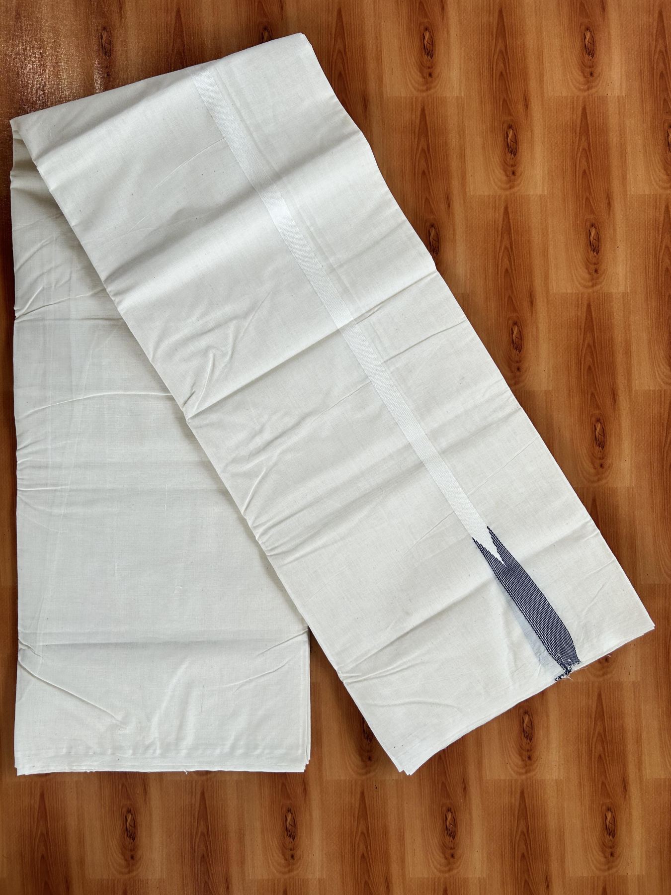 Double Off white Mundu/Dhoti - 23% Discount! KaithariKada Balaramapuram 100% Cotton - 100x100 - 0.5 inch Puliyilakkara Navy Blue Striped Chutty Kara - 4 mtr (8.5 muzham) - 24 KK5401 ASH