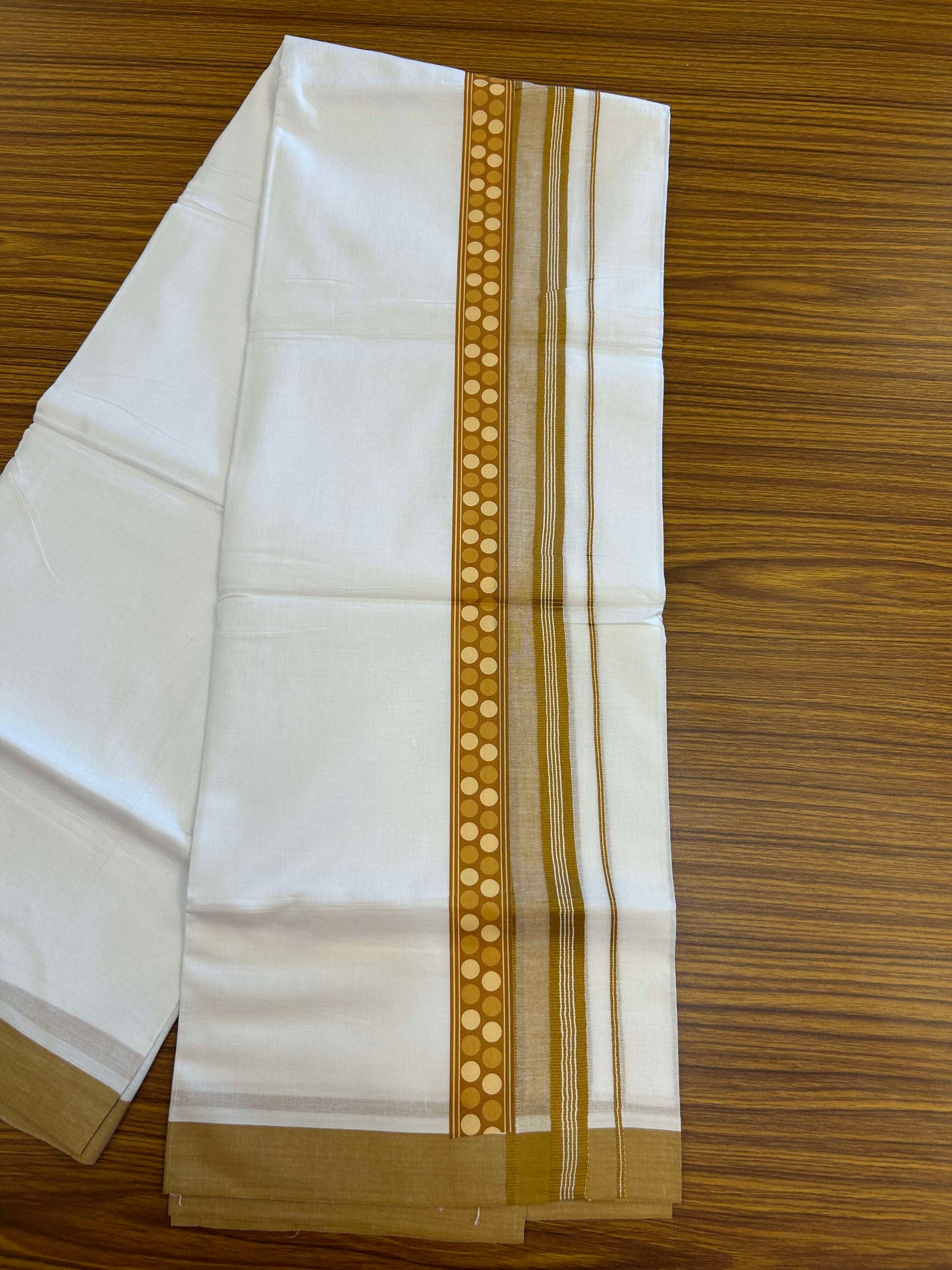 20% Discount ! KaithariKada Balaramapuram Cotton Double Pure white Mundu/Dhoti- 60s - 2.75 inch Mustard Yellow Printed Shaded Stripes Design Kara - 3.65 mtr (8 muzham) - 24 KK5309 GAN