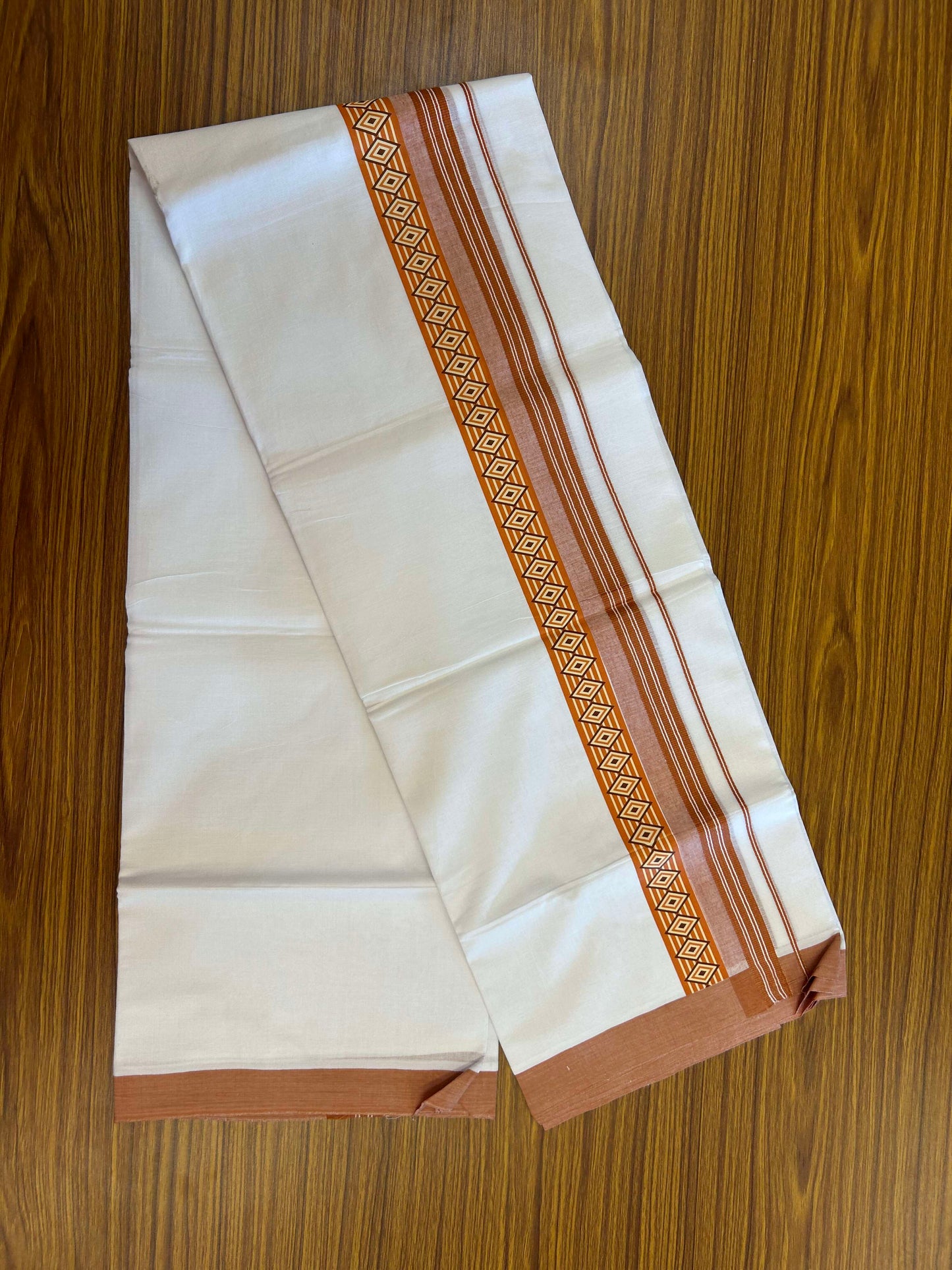 20% Discount ! KaithariKada Balaramapuram Cotton Double Pure white Mundu/Dhoti- 60s - 2.5 inch Rust Orange & Brown Printed Shaded Stripes Design Kara - 3.65 mtr (8 muzham) - 25 KK5309 GAN