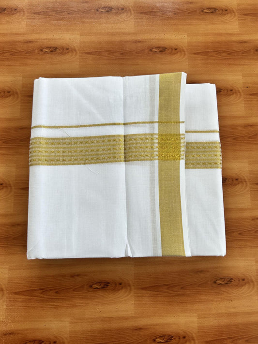 Double Pure White Mundu/Dhoti - 20% Discount!! Kaitharikada Balaramapuram Pure Cotton - 60s - 1.5 inch Gold Kasav Jacquard Design Kara 4 mtr (8.5 Muzham) - 5 KK5406 GAN
