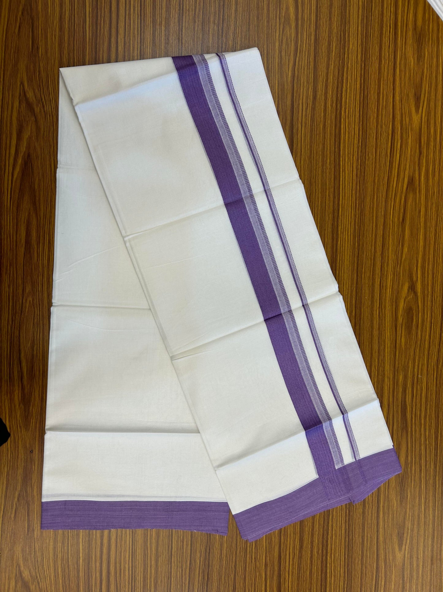 20% Discount ! Kaitharikada Balaramapuram 100% Cotton Pure White Double Mundu/Dothi - 100x80 - 1.5 inch Lavender Shaded Stripes Kara 3.90 m (8 muzham) - 46 KK5364 MC