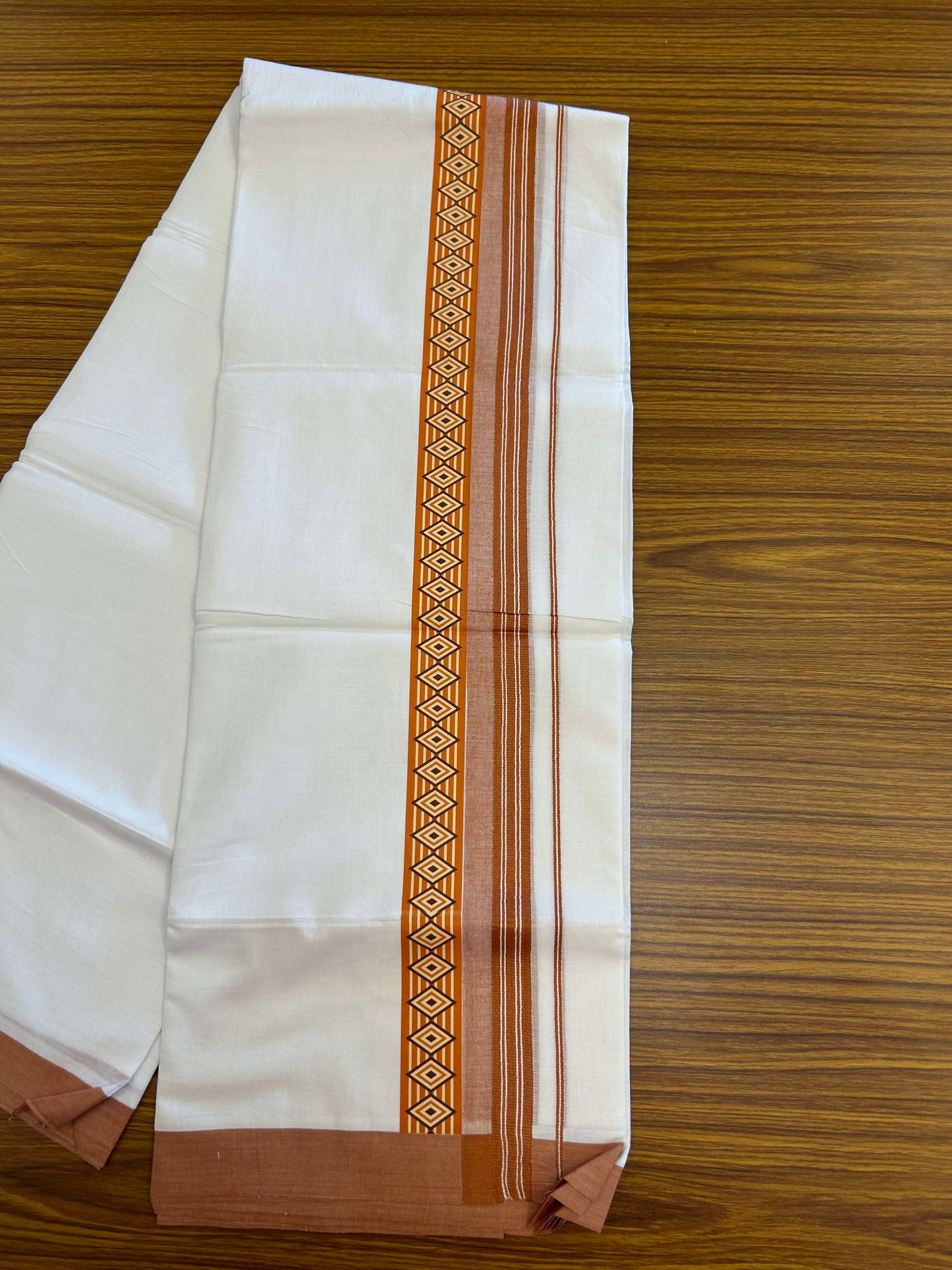 20% Discount ! KaithariKada Balaramapuram Cotton Double Pure white Mundu/Dhoti- 60s - 2.5 inch Rust Orange & Brown Printed Shaded Stripes Design Kara - 3.65 mtr (8 muzham) - 25 KK5309 GAN