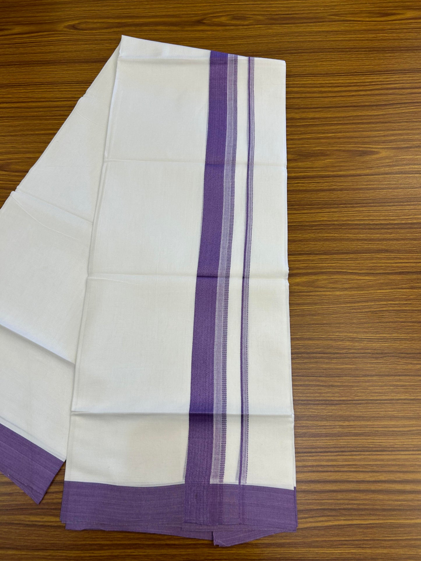 20% Discount ! Kaitharikada Balaramapuram 100% Cotton Pure White Double Mundu/Dothi - 100x80 - 1.5 inch Lavender Shaded Stripes Kara 3.90 m (8 muzham) - 46 KK5364 MC