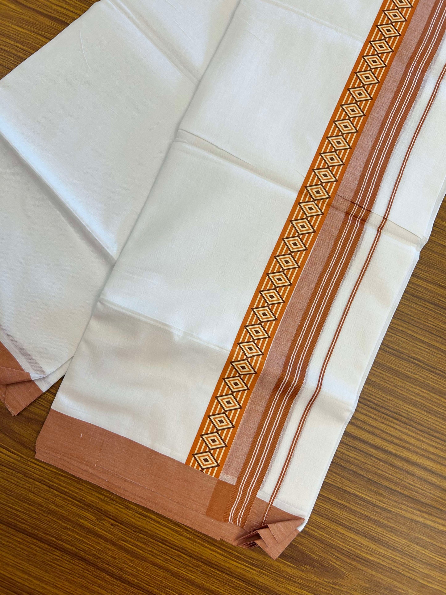 20% Discount ! KaithariKada Balaramapuram Cotton Double Pure white Mundu/Dhoti- 60s - 2.5 inch Rust Orange & Brown Printed Shaded Stripes Design Kara - 3.65 mtr (8 muzham) - 25 KK5309 GAN
