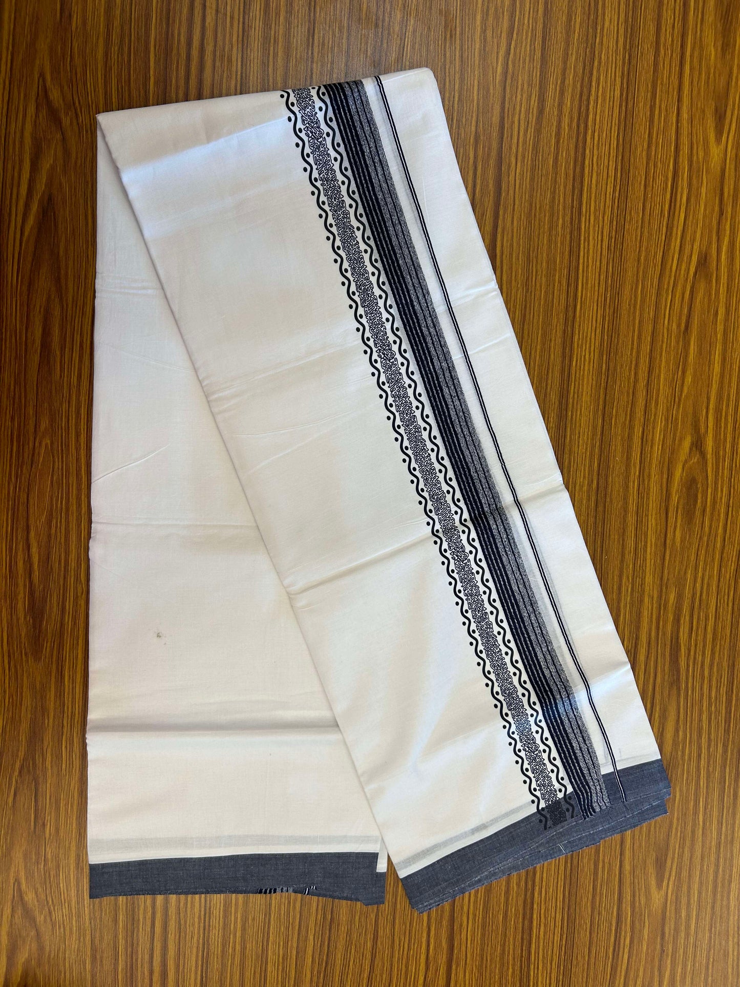 20% Discount ! KaithariKada Balaramapuram Cotton Double Pure white Mundu/Dhoti- 60s - 2.5 inch Navy Blue Printed Shaded Stripes Design Kara - 3.65 mtr (8 muzham) - 26 KK5309 GAN