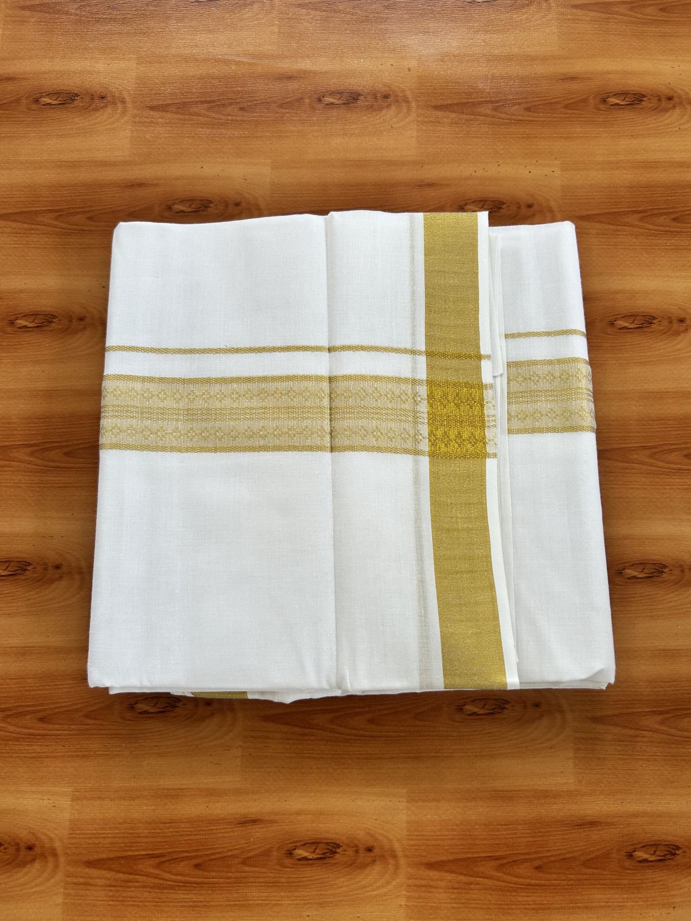 Double Pure White Mundu/Dhoti - 20% Discount!! Kaitharikada Balaramapuram Pure Cotton - 60s - 1.5 inch Gold Kasav Jacquard Design Kara 4 mtr (8.5 Muzham) - 6 KK5406 GAN