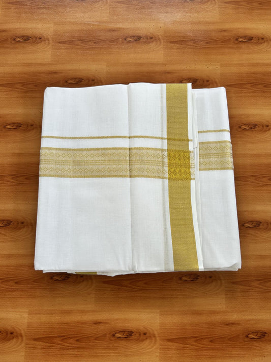 Double Pure White Mundu/Dhoti - 20% Discount!! Kaitharikada Balaramapuram Pure Cotton - 60s - 1.5 inch Gold Kasav Jacquard Design Kara 4 mtr (8.5 Muzham) - 6 KK5406 GAN