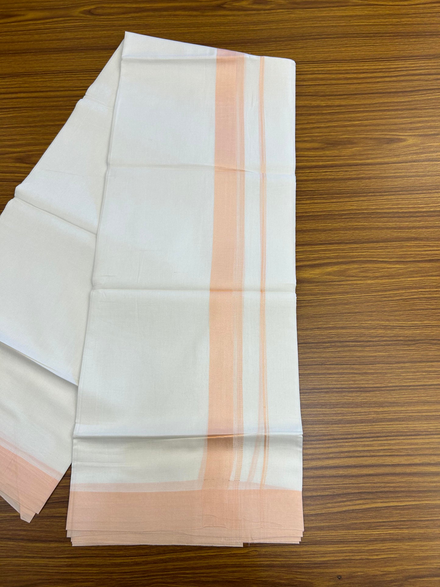20% Discount ! Kaitharikada Balaramapuram 100% Cotton Pure White Double Mundu/Dothi - 100x80 - 1.5 inch Peach Shaded Stripes Kara 3.90 m (8 muzham) - 47 KK5364 MC