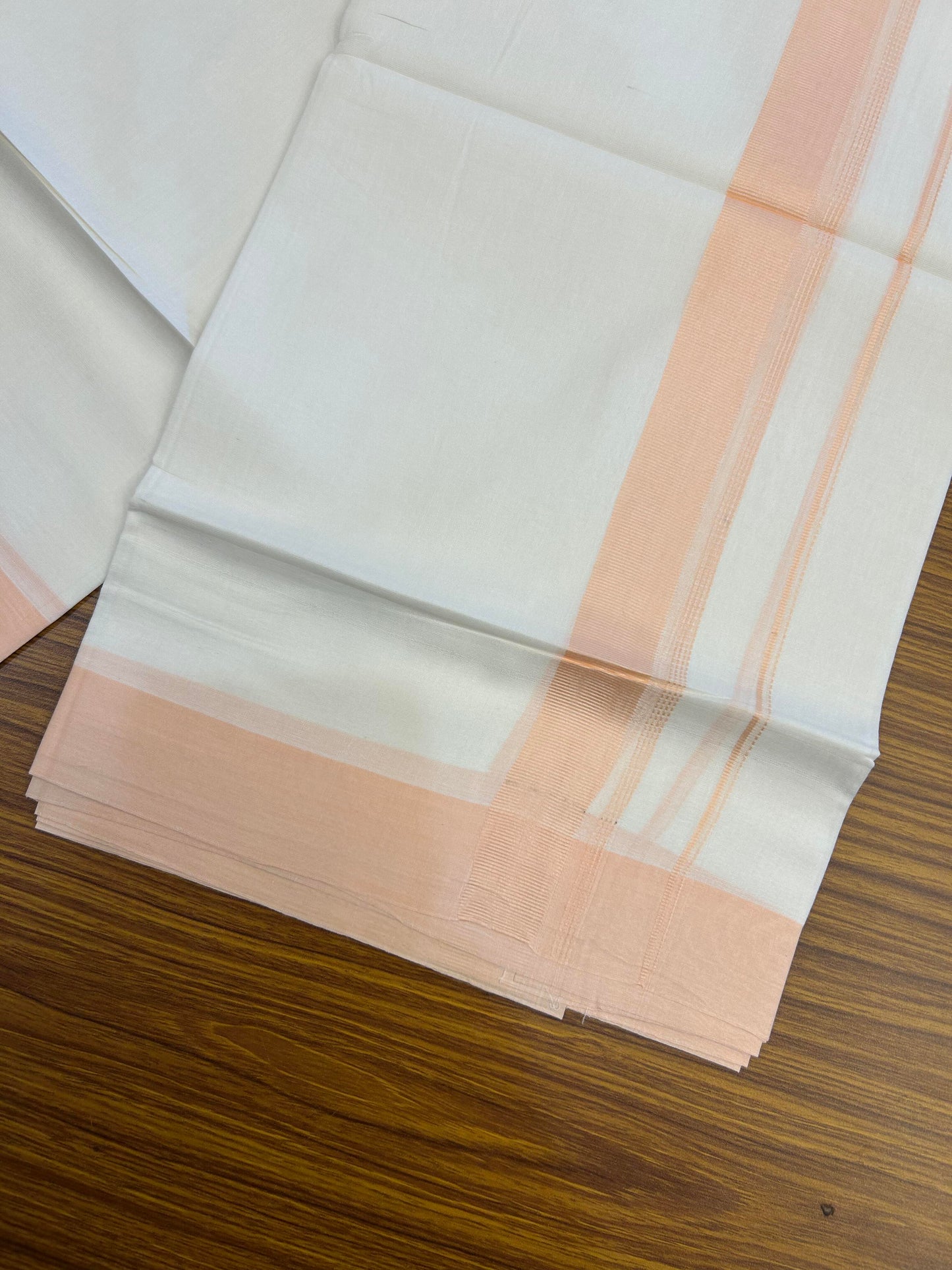20% Discount ! Kaitharikada Balaramapuram 100% Cotton Pure White Double Mundu/Dothi - 100x80 - 1.5 inch Peach Shaded Stripes Kara 3.90 m (8 muzham) - 47 KK5364 MC