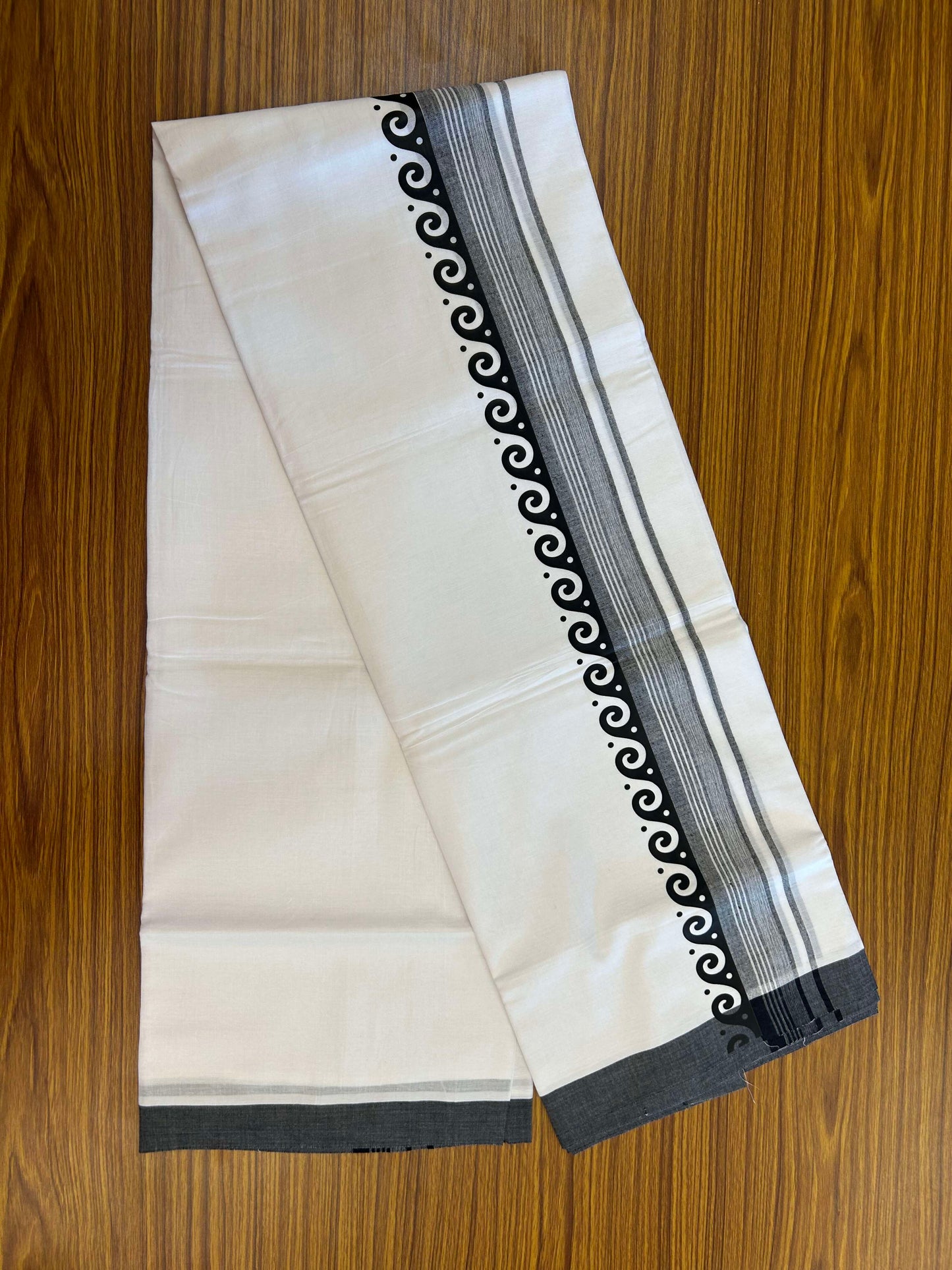 20% Discount ! KaithariKada Balaramapuram Cotton Double Pure white Mundu/Dhoti- 60s - 2.5 inch Black Printed Shaded Stripes Design Kara - 3.65 mtr (8 muzham) - 27 KK5309 GAN
