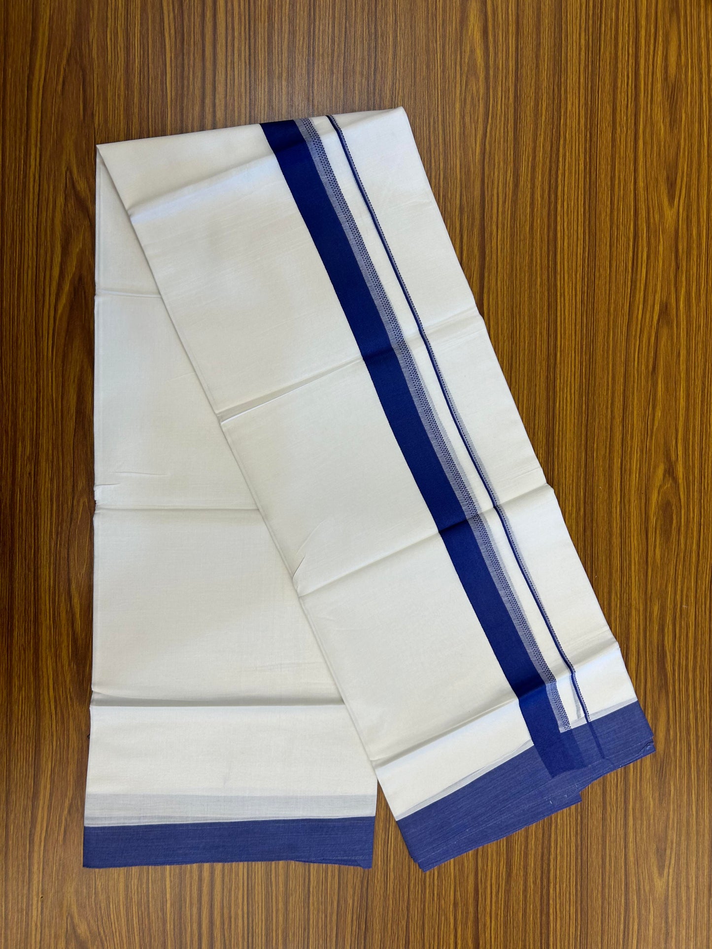 20% Discount ! Kaitharikada Balaramapuram 100% Cotton Pure White Double Mundu/Dothi - 100x80 - 1.5 inch Blue Shaded Stripes Kara 3.90 m (8 muzham) - 48 KK5364 MC