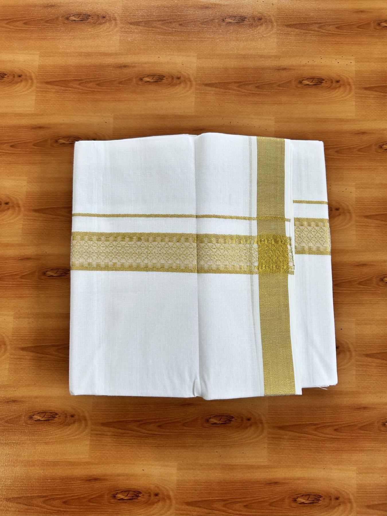 Double Pure White Mundu/Dhoti - 20% Discount!! Kaitharikada Balaramapuram Pure Cotton - 60s - 1.5 inch Gold Kasav Jacquard Design Kara 4 mtr (8.5 Muzham) - 7 KK5406 GAN