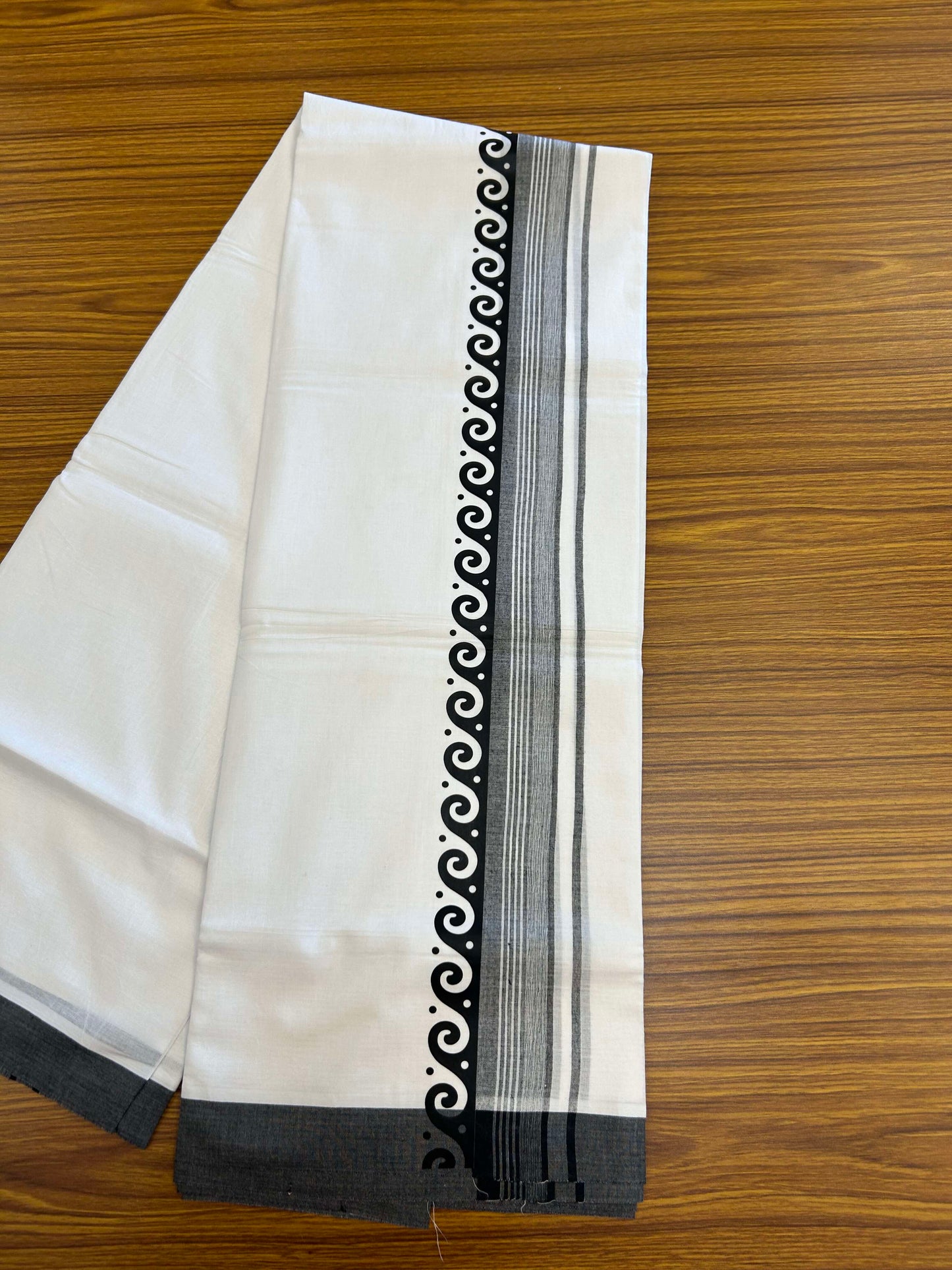 20% Discount ! KaithariKada Balaramapuram Cotton Double Pure white Mundu/Dhoti- 60s - 2.5 inch Black Printed Shaded Stripes Design Kara - 3.65 mtr (8 muzham) - 27 KK5309 GAN