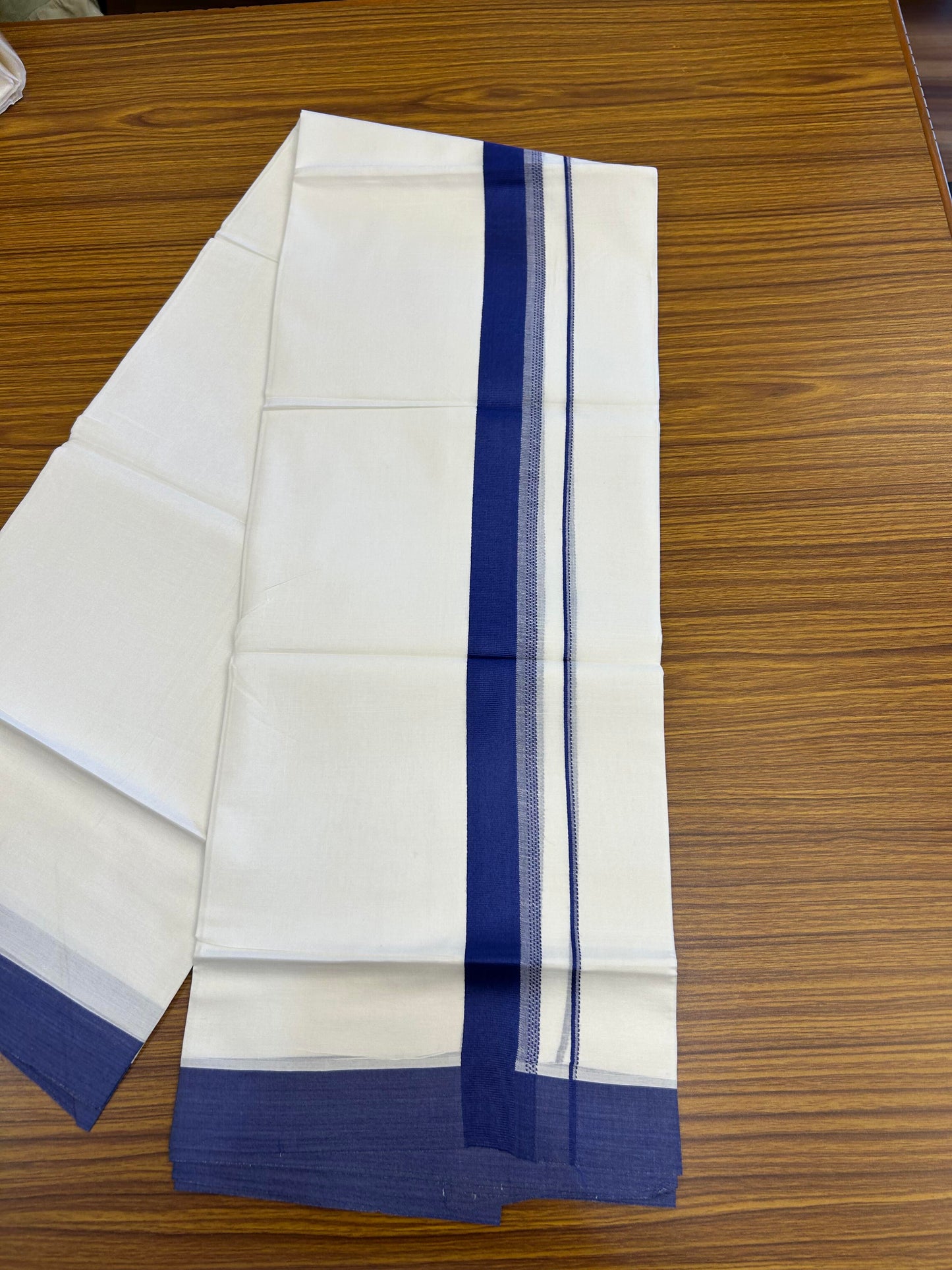 20% Discount ! Kaitharikada Balaramapuram 100% Cotton Pure White Double Mundu/Dothi - 100x80 - 1.5 inch Blue Shaded Stripes Kara 3.90 m (8 muzham) - 48 KK5364 MC