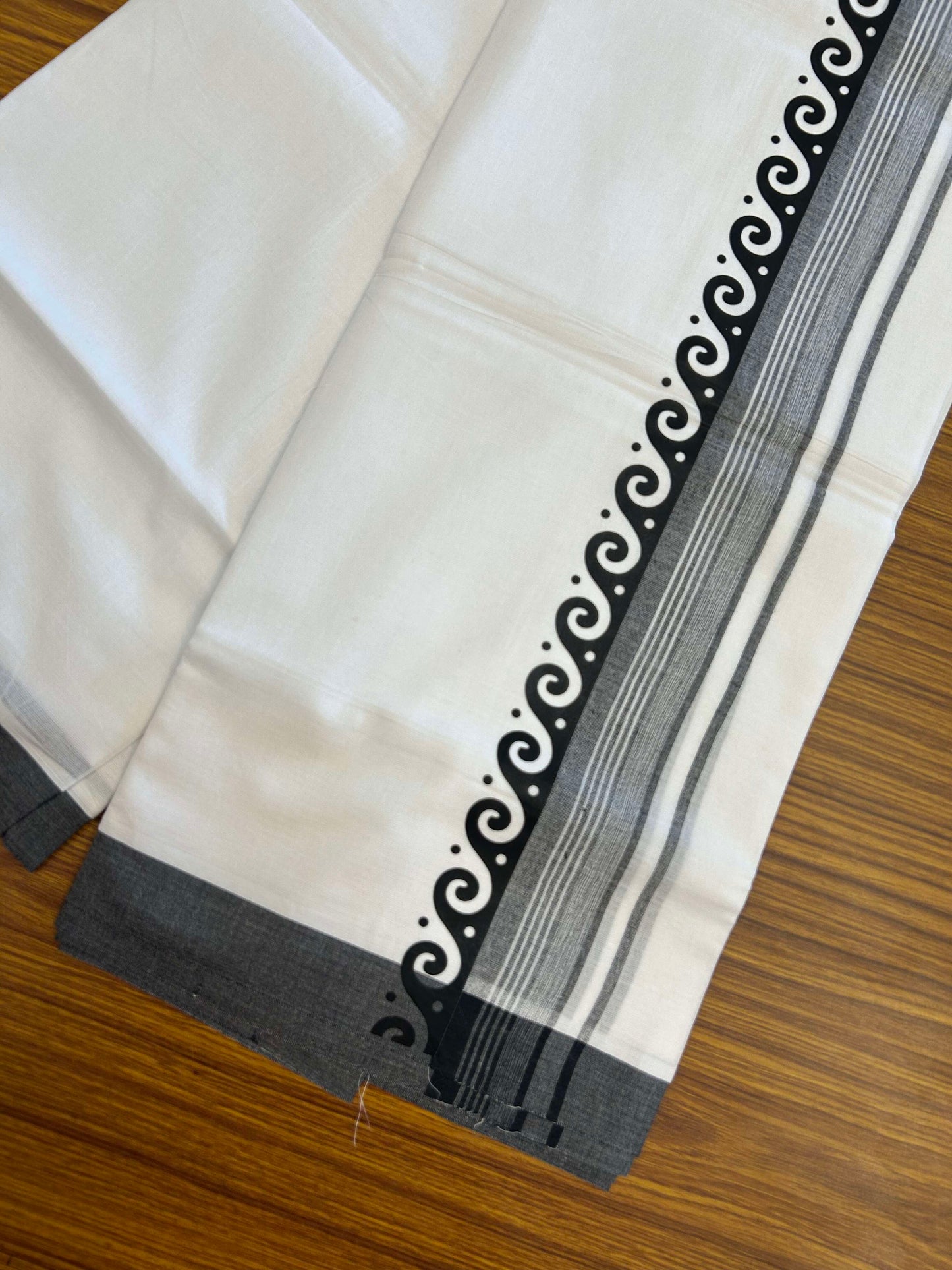 20% Discount ! KaithariKada Balaramapuram Cotton Double Pure white Mundu/Dhoti- 60s - 2.5 inch Black Printed Shaded Stripes Design Kara - 3.65 mtr (8 muzham) - 27 KK5309 GAN