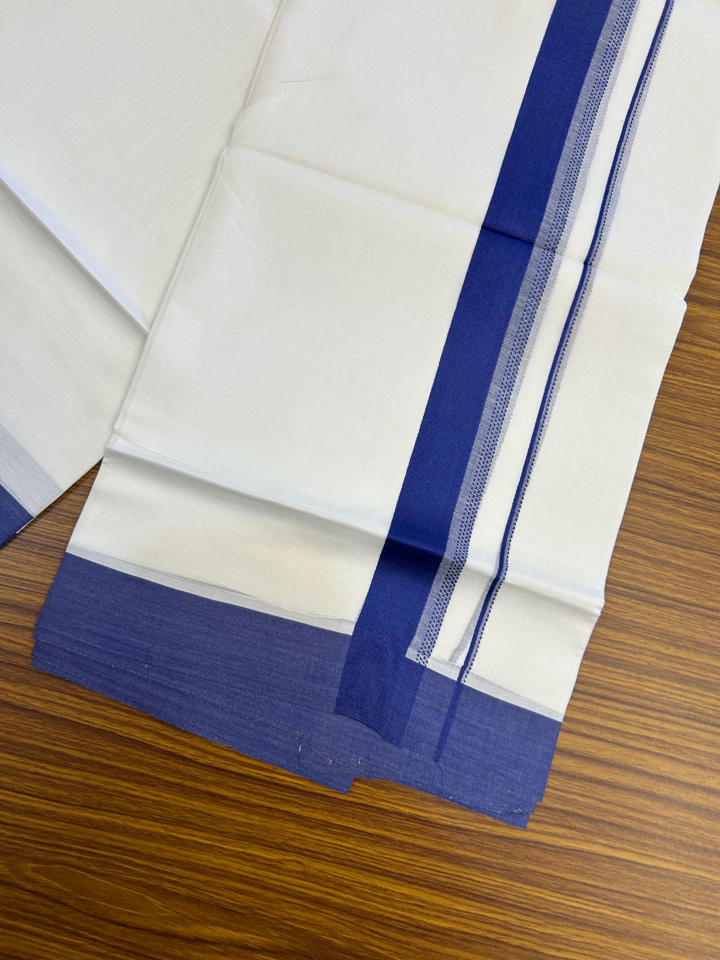 20% Discount ! Kaitharikada Balaramapuram 100% Cotton Pure White Double Mundu/Dothi - 100x80 - 1.5 inch Blue Shaded Stripes Kara 3.90 m (8 muzham) - 48 KK5364 MC