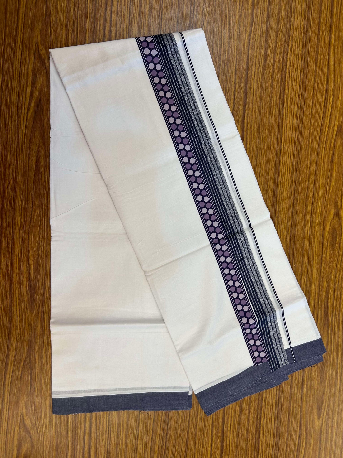 20% Discount ! KaithariKada Balaramapuram Cotton Double Pure white Mundu/Dhoti- 60s - 2.5 inch Black & Purple Printed Shaded Stripes Design Kara - 3.65 mtr (8 muzham) - 28 KK5309 GAN