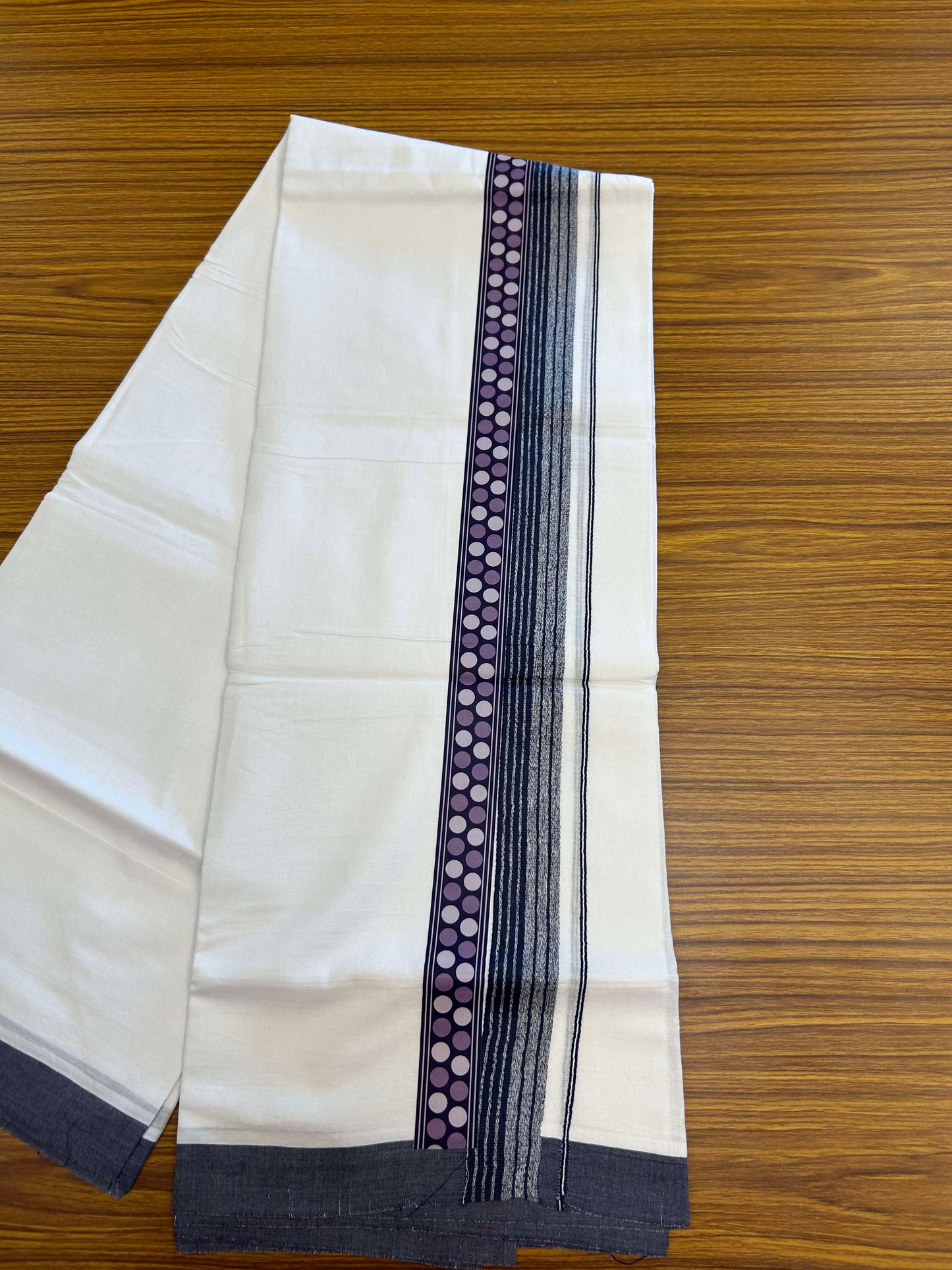 20% Discount ! KaithariKada Balaramapuram Cotton Double Pure white Mundu/Dhoti- 60s - 2.5 inch Black & Purple Printed Shaded Stripes Design Kara - 3.65 mtr (8 muzham) - 28 KK5309 GAN