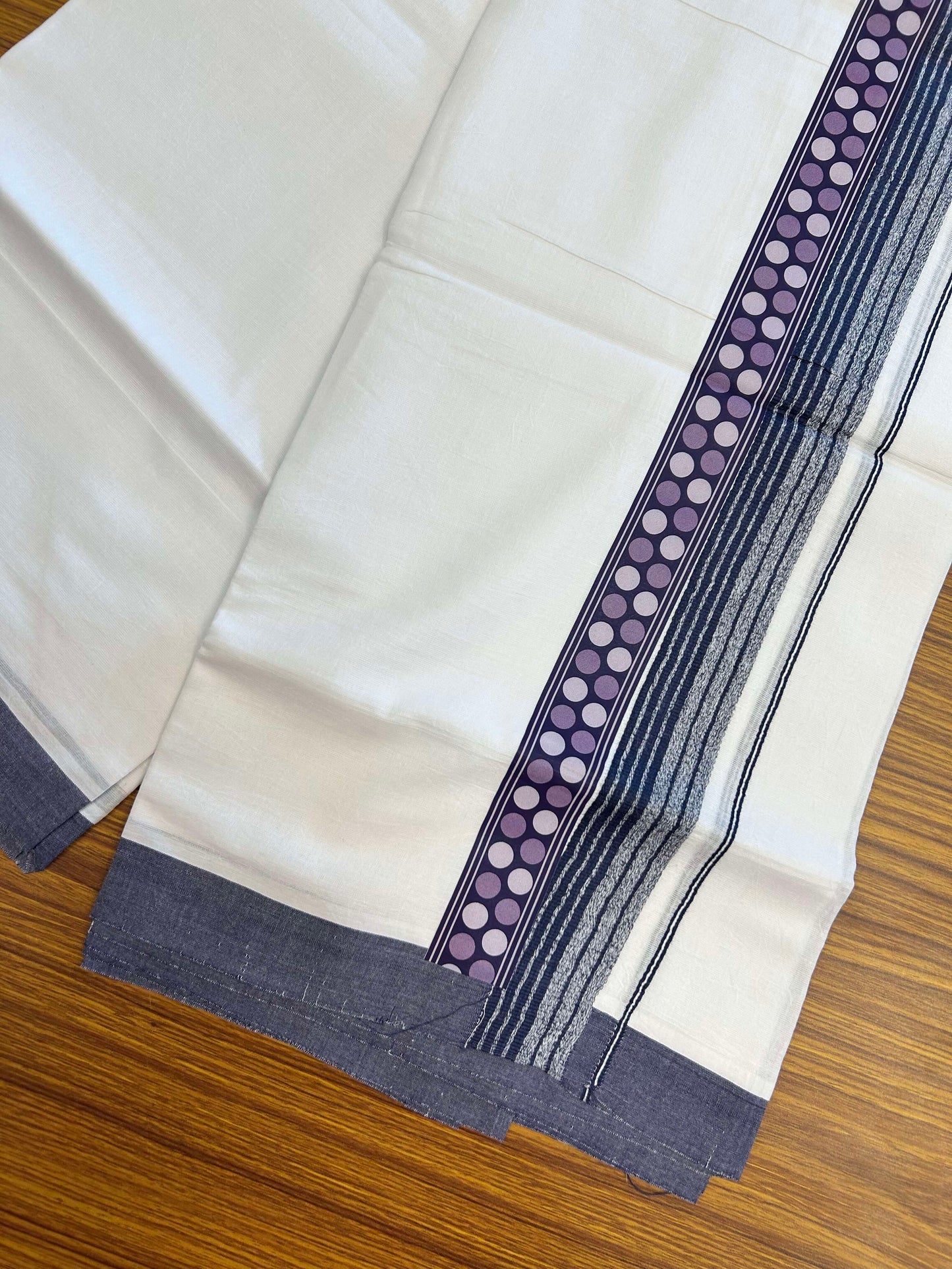 20% Discount ! KaithariKada Balaramapuram Cotton Double Pure white Mundu/Dhoti- 60s - 2.5 inch Black & Purple Printed Shaded Stripes Design Kara - 3.65 mtr (8 muzham) - 28 KK5309 GAN