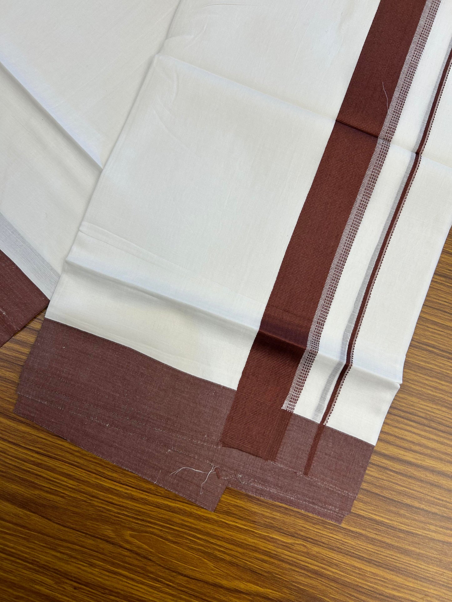 20% Discount ! Kaitharikada Balaramapuram 100% Cotton Pure White Double Mundu/Dothi - 100x80 - 1.5 inch Dark Maroon Shaded Stripes Kara 3.90 m (8 muzham) - 49 KK5364 MC