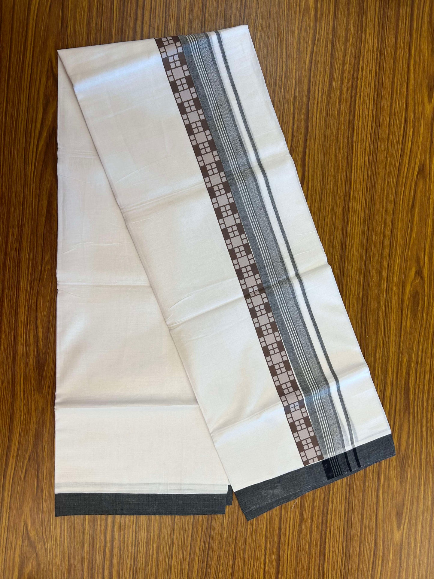 20% Discount ! KaithariKada Balaramapuram Cotton Double Pure white Mundu/Dhoti- 60s - 2.5 inch Black & Brown Printed Shaded Stripes Design Kara - 3.65 mtr (8 muzham) - 29 KK5309 GAN