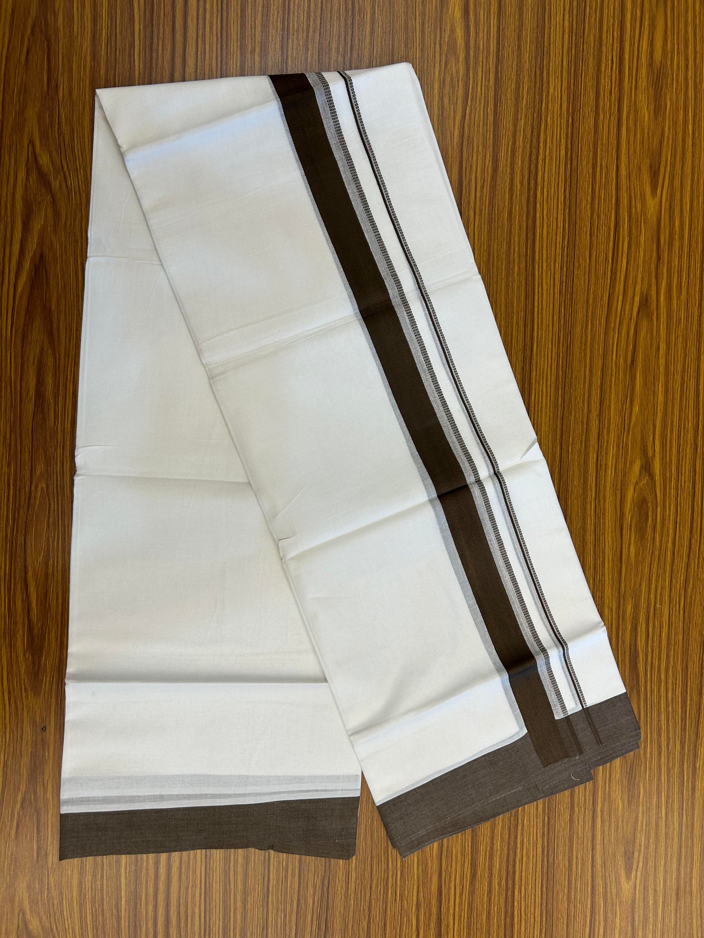 20% Discount ! Kaitharikada Balaramapuram 100% Cotton Pure White Double Mundu/Dothi - 100x80 - 1.5 inch Chocolate Brown Shaded Stripes Kara 3.90 m (8 muzham) - 50 KK5364 MC