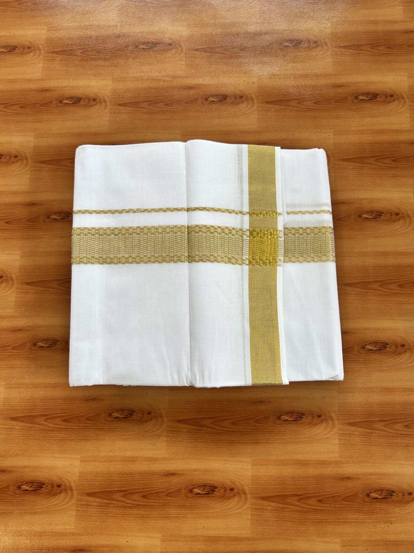 Double Pure White Mundu/Dhoti - 20% Discount!! Kaitharikada Balaramapuram Pure Cotton - 60s - 1.5 inch Gold Kasav Jacquard Design Kara 4 mtr (8.5 Muzham) - 9 KK5406 GAN