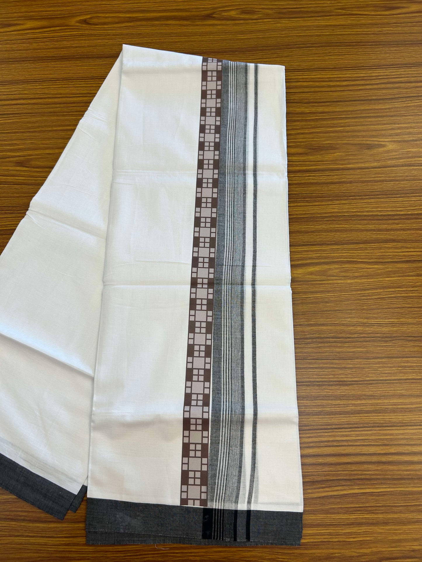 20% Discount ! KaithariKada Balaramapuram Cotton Double Pure white Mundu/Dhoti- 60s - 2.5 inch Black & Brown Printed Shaded Stripes Design Kara - 3.65 mtr (8 muzham) - 29 KK5309 GAN