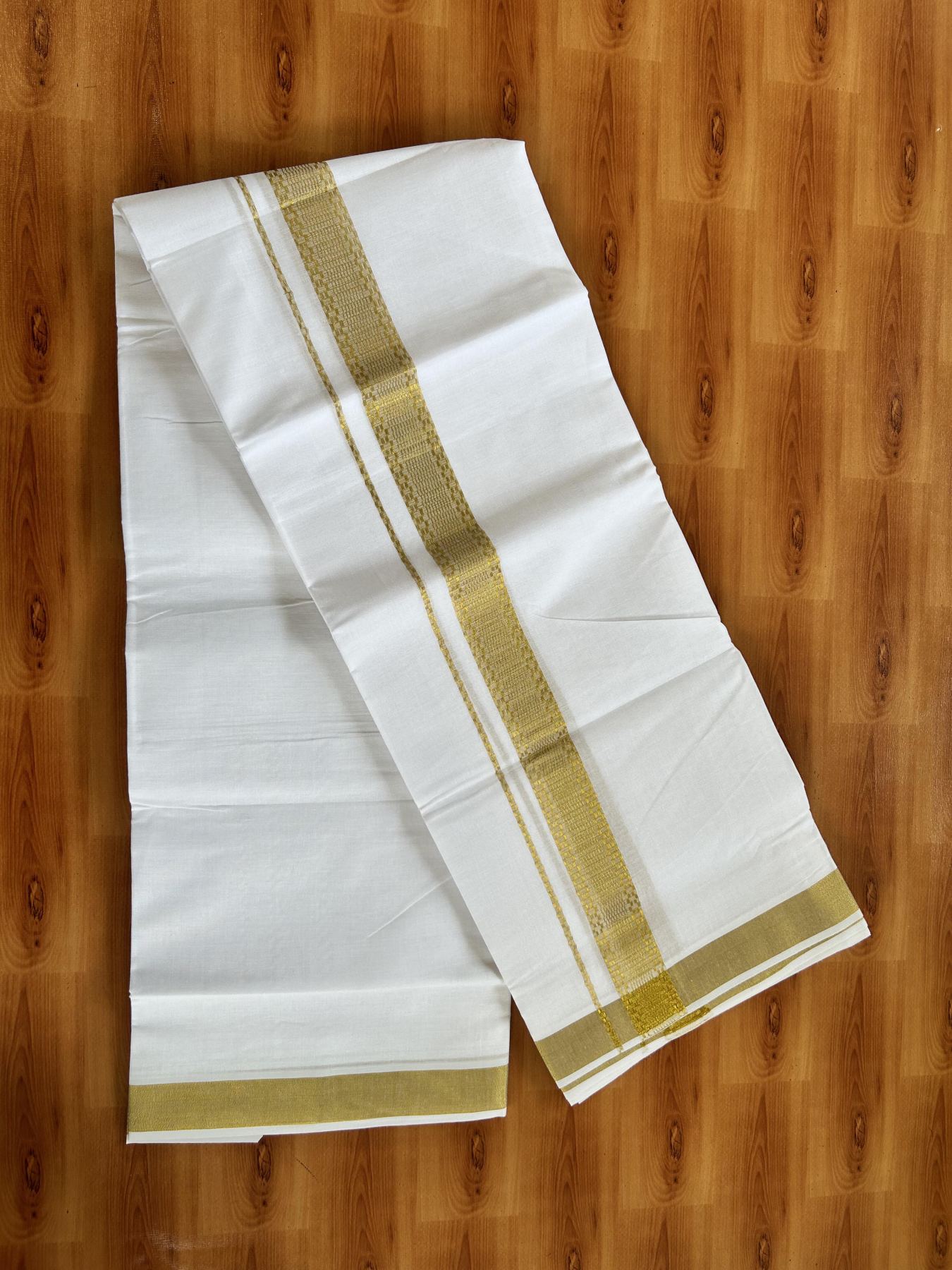 Double Pure White Mundu/Dhoti - 20% Discount!! Kaitharikada Balaramapuram Pure Cotton - 60s - 1.5 inch Gold Kasav Jacquard Design Kara 4 mtr (8.5 Muzham) - 9 KK5406 GAN