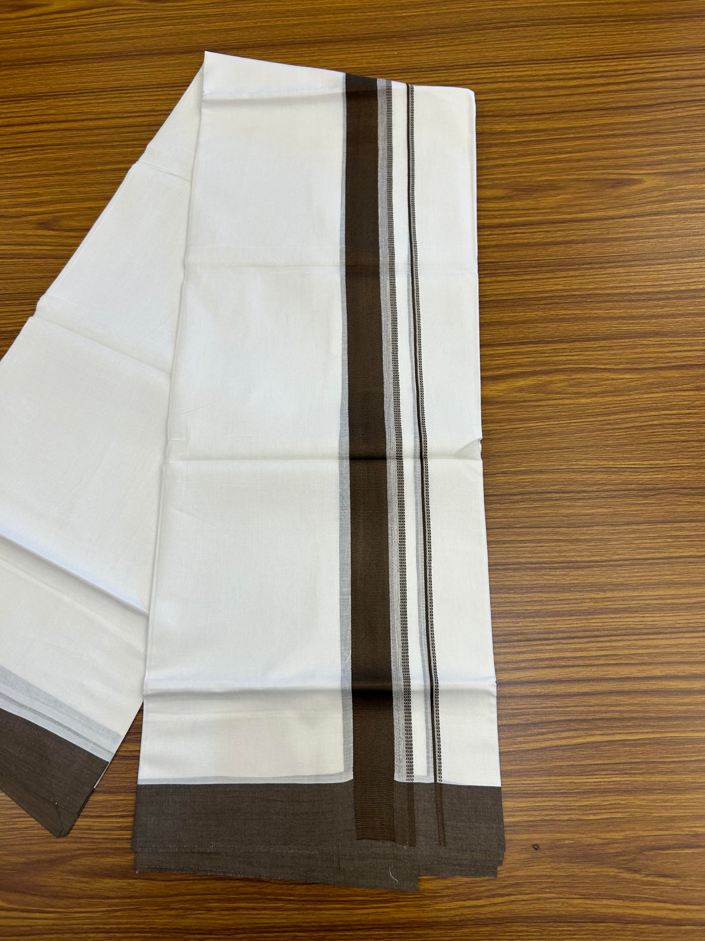 20% Discount ! Kaitharikada Balaramapuram 100% Cotton Pure White Double Mundu/Dothi - 100x80 - 1.5 inch Chocolate Brown Shaded Stripes Kara 3.90 m (8 muzham) - 50 KK5364 MC